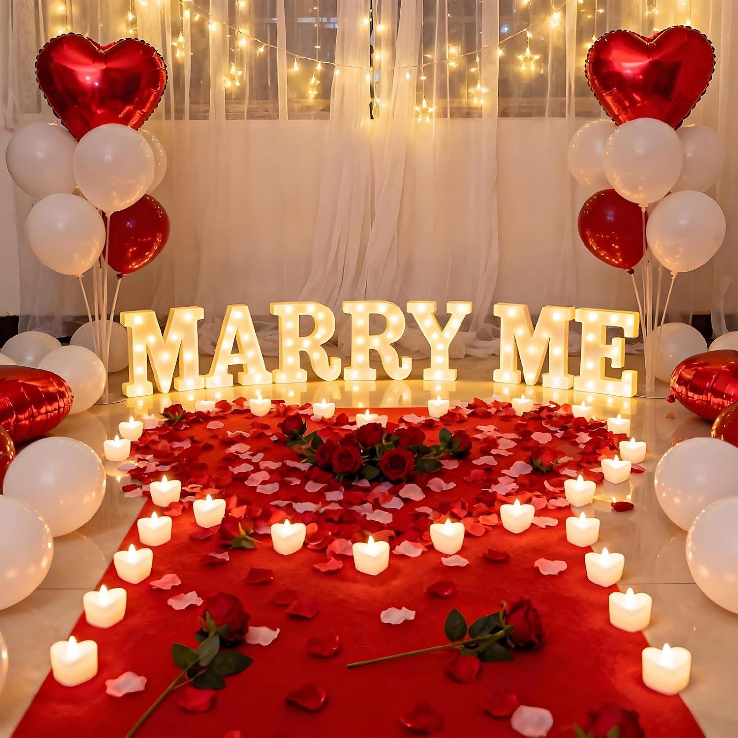 Marry Me Light up Letters, with 30 Tea Lights Candles, Rose Petals, Aluminum Balloons, Balloons, Red Carpet, Rose Ring Box, Double Sided Tape, Valentine'S Day Proposal Engagement Wedding Decorations