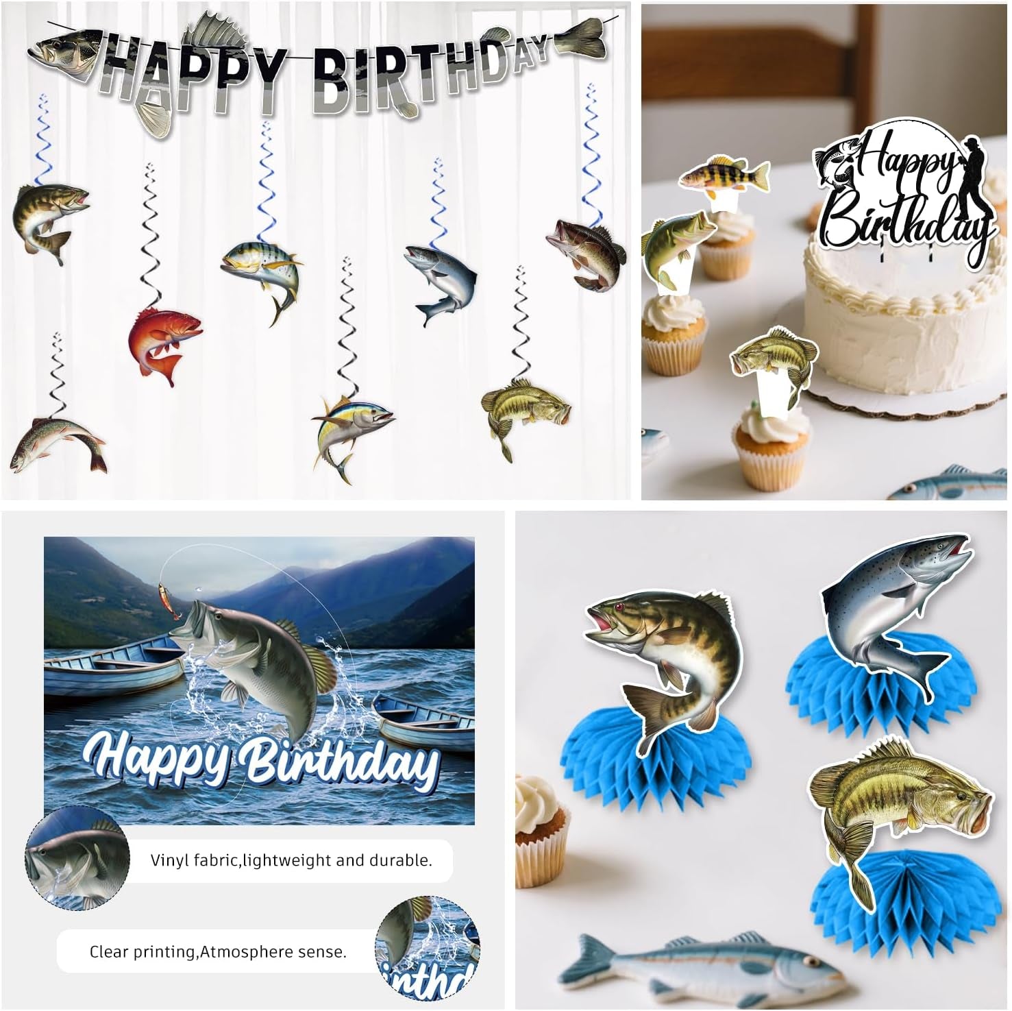 219 Pcs Fishing Birthday Party Decorations Serves 25 Guests, Fish All-In-One Birthday Tableware Set with Plates, Backdrop, Cupcake Stand, Napkins, Banner, Tablecloth, Cake Topper and Centerpieces