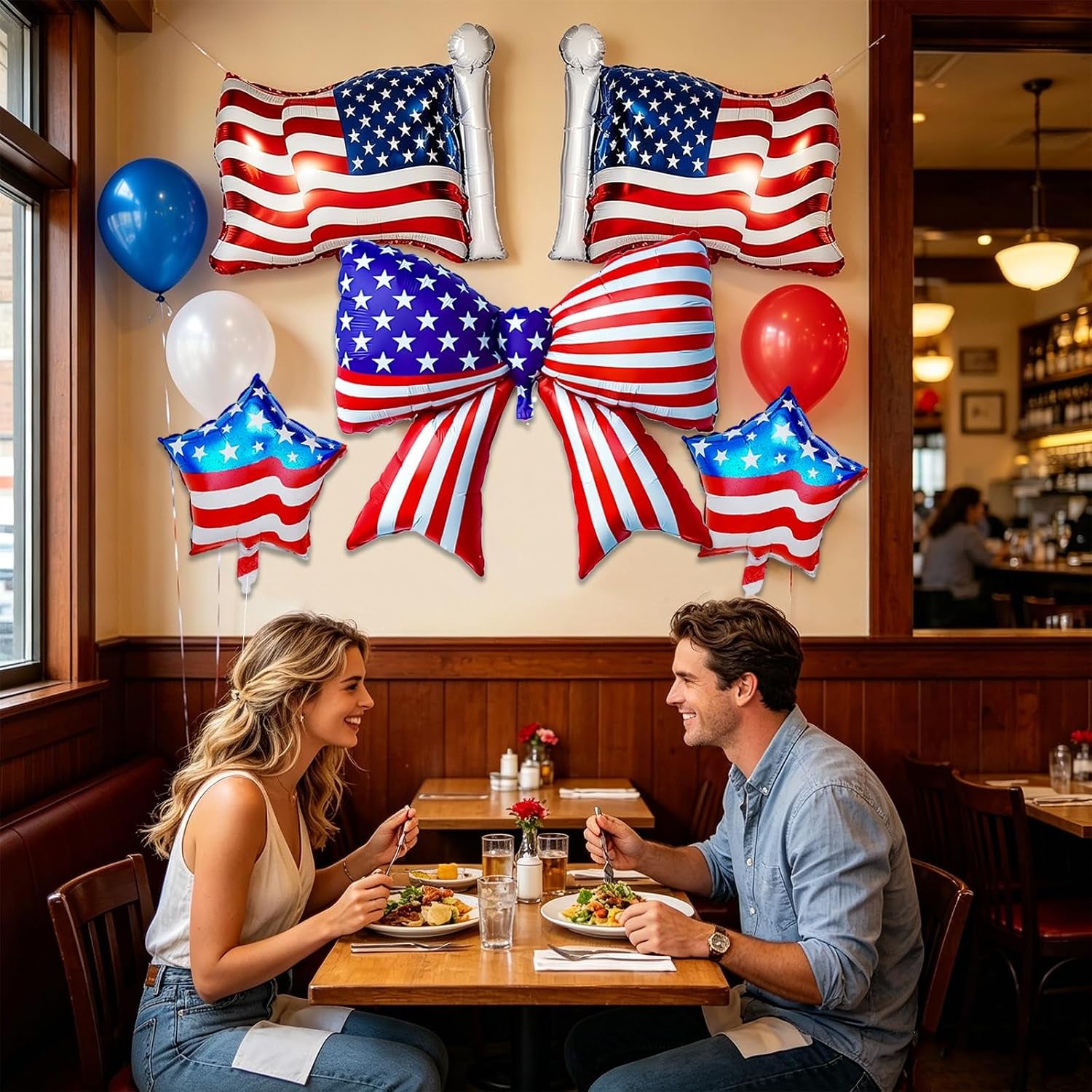 5 PCS 4Th of July Patriotic Balloons Set, American Flag Balloons USA Flag Bow Foil Balloon for Independence Day Memorial D Labor Day Red White Blue Party Decorations