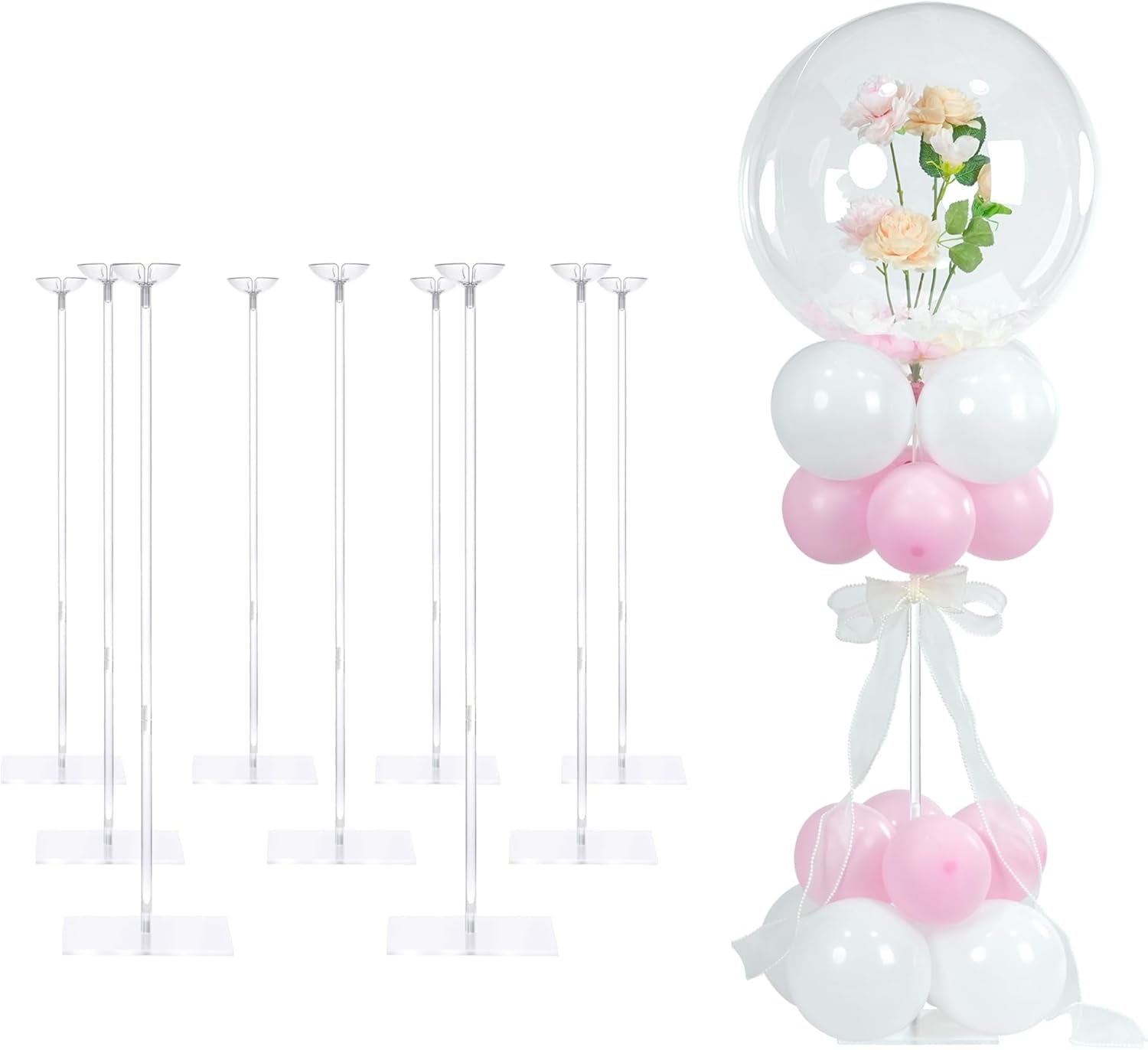 Balloon Stands for Table Set of 10, Adjustable Height 15.75 Inch, 23.62 Inch Balloon Centerpiece Stand, Acrylic Balloon Stick Holder with Base for Party Decorations (Balloons Not Included)