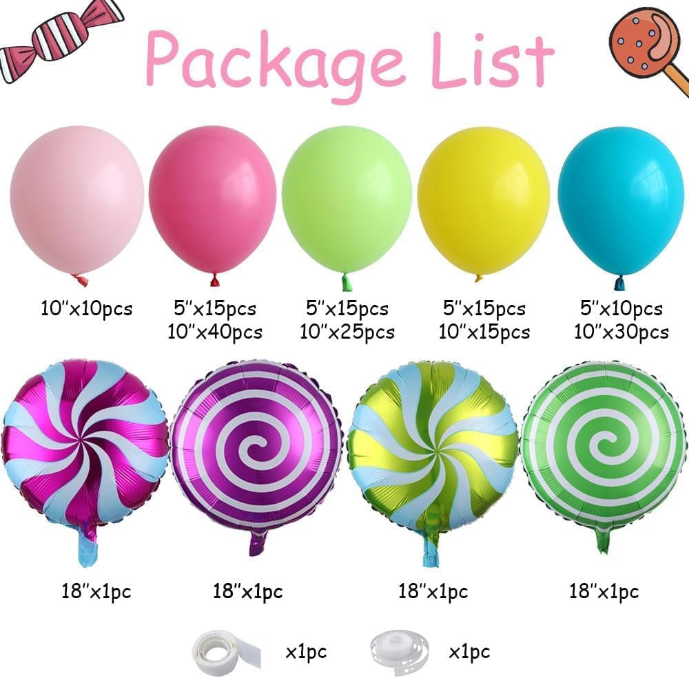 Candyland Party Decoration 184PCS Candy Balloon Garland Kit Pastel Pink Purple Blue Latex Balloons with Lollipop Candy Foil Balloon for Rainbow Sweet One Birthday Candy Land Party Decorations