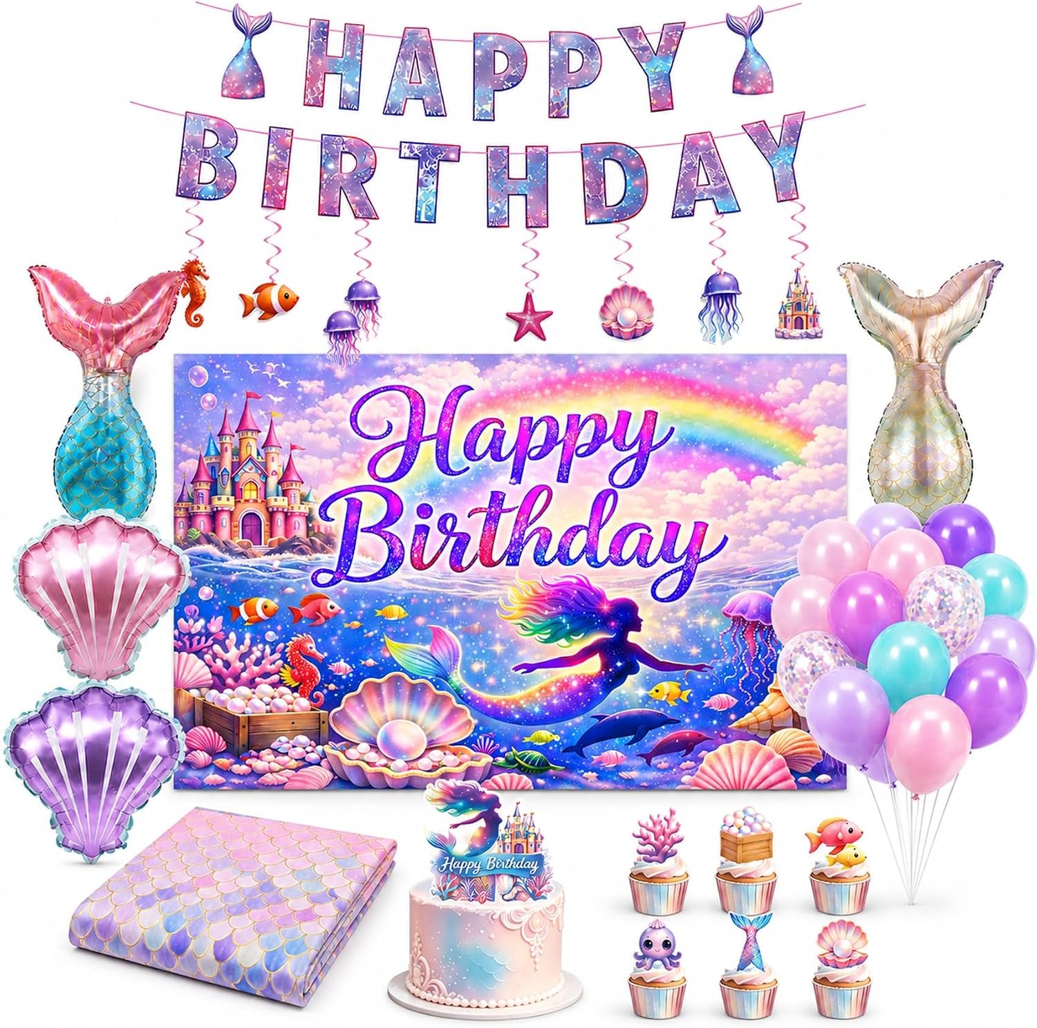 Mermaid Birthday Party Decorations Set, Sea Party Supplies with Happy Birthday Banner, Mermaid Backdrop,Tablecloth, Foil & Latex Balloons,Cake Toppers Hanging Swirls for Girls Birthday Party