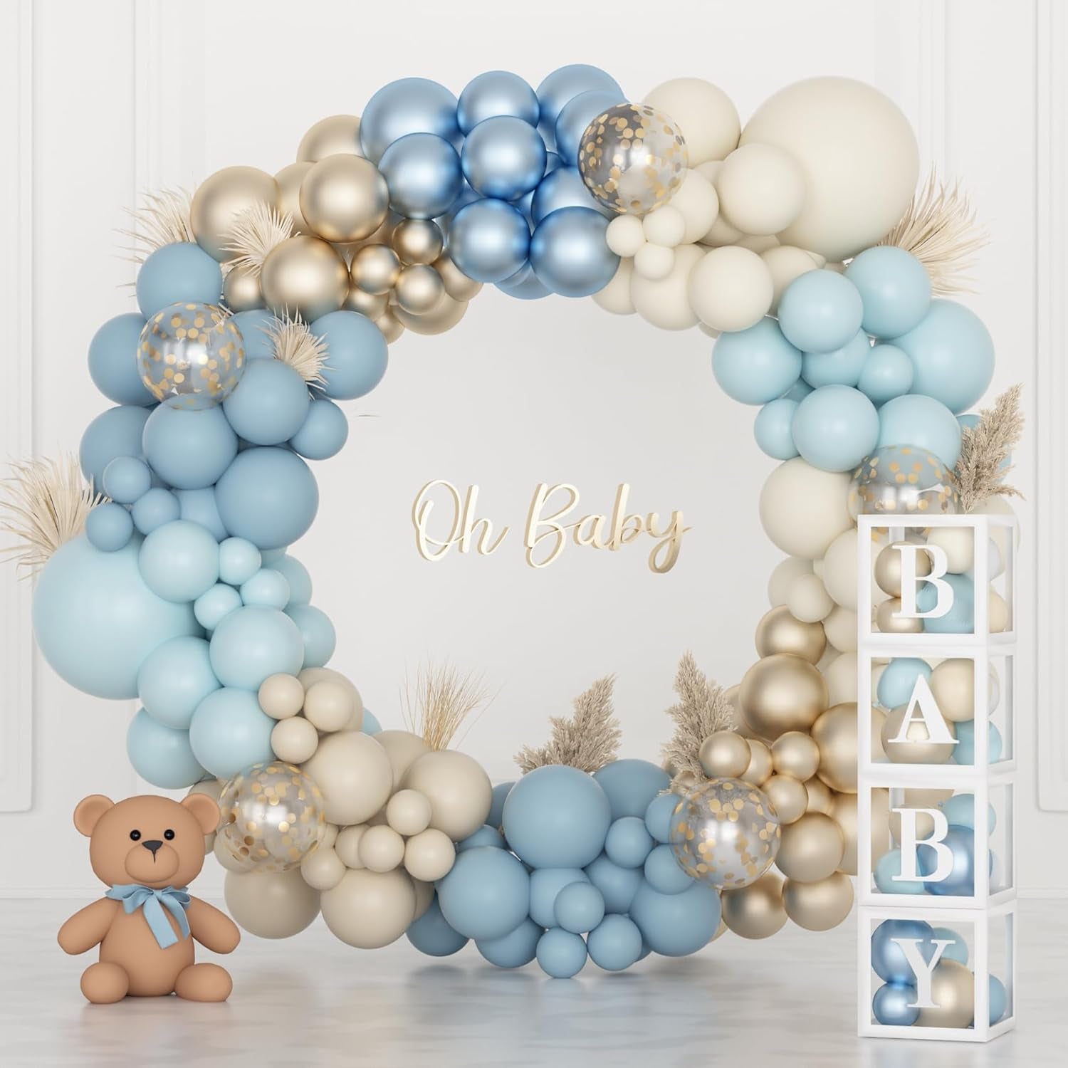 153Pcs Dusty Blue Balloon Baby Shower Decorations for Boy, Blue Balloon Arch Kit Baby Boxes with Letter (A-Z+Baby) for Boho Baby Shower Boy Birthday Gender Reveal Party Supplies