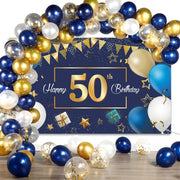 Navy Blue 50Th Happy Birthday Party Decorations Blue and Gold 50 Birthday Photography Backdrop Banner Confetti Balloons Arch Kit for Men Women 50Th Party Decorations Supplies