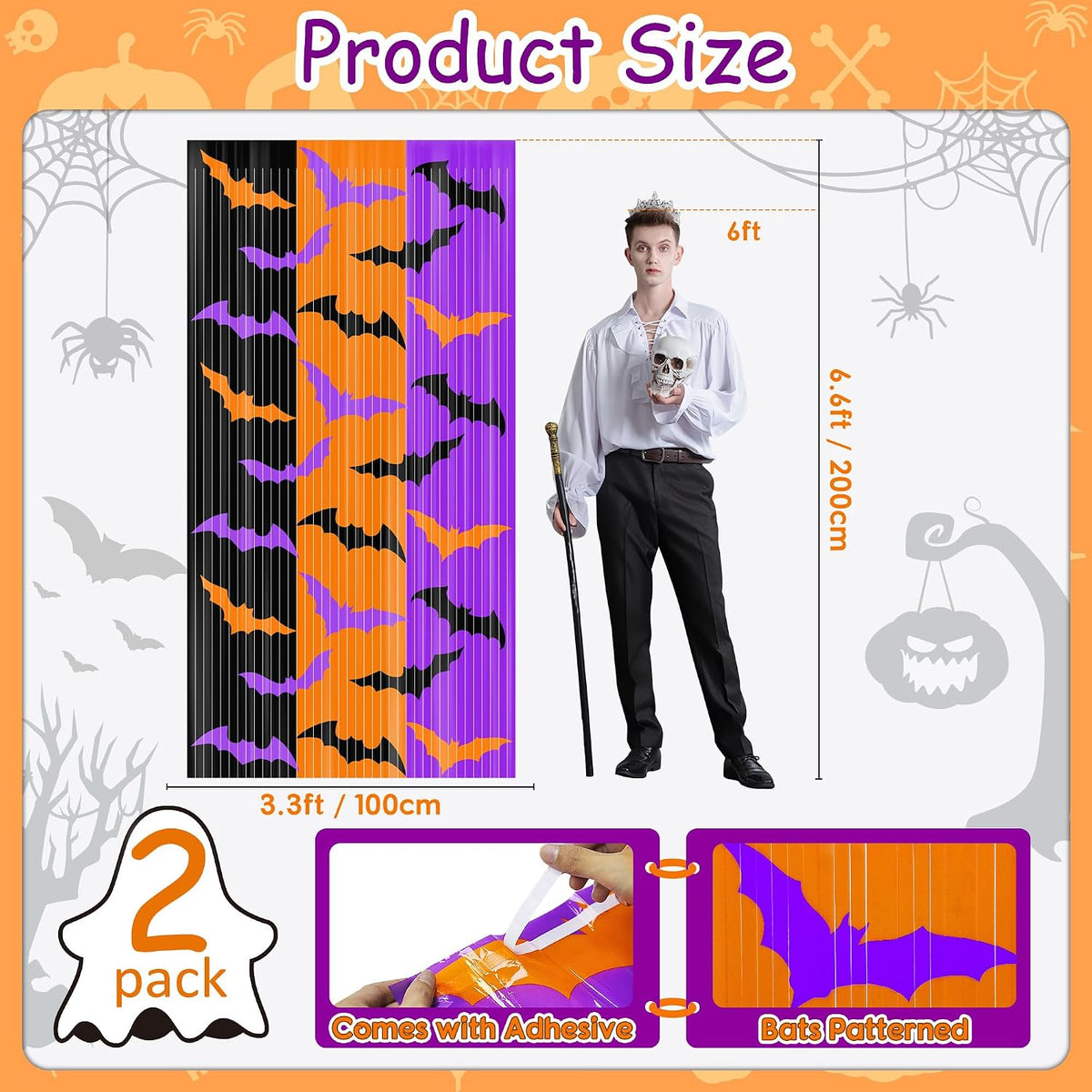 Halloween Party Decorations, 2 Pack Halloween Foil Fringe Curtains 3.3 X 6.6 Ft, Orange Purple Black Bat Pattern Halloween Party Backdrop Photo Booth Props Streamers Halloween Birthday Party Supplies
