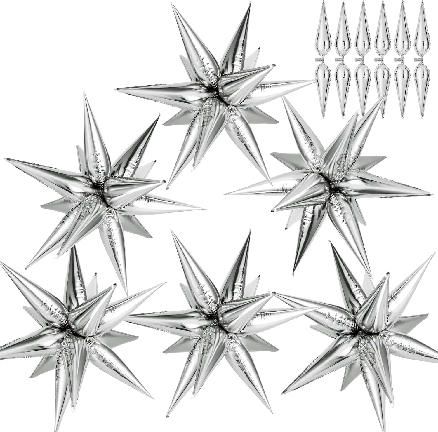 74 PCS Silver Star Balloons, 12 Point Star Foil Mylar Balloons Spike Explosion Cone Balloon for Party Decorations Supplies, Birthday, Wedding, Baby Shower, Graduation Balloon 2025