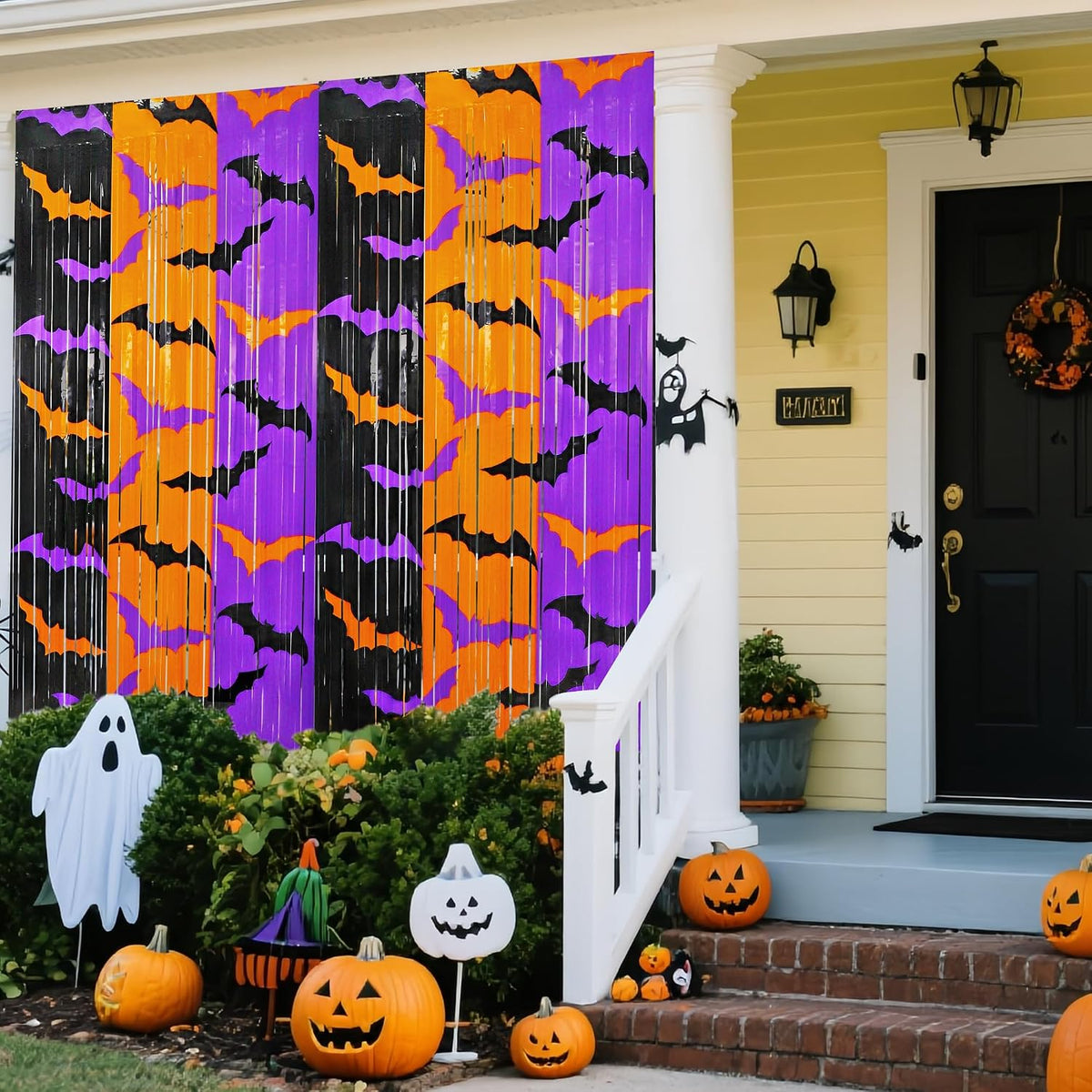 Halloween Party Decorations, 2 Pack Halloween Foil Fringe Curtains 3.3 X 6.6 Ft, Orange Purple Black Bat Pattern Halloween Party Backdrop Photo Booth Props Streamers Halloween Birthday Party Supplies