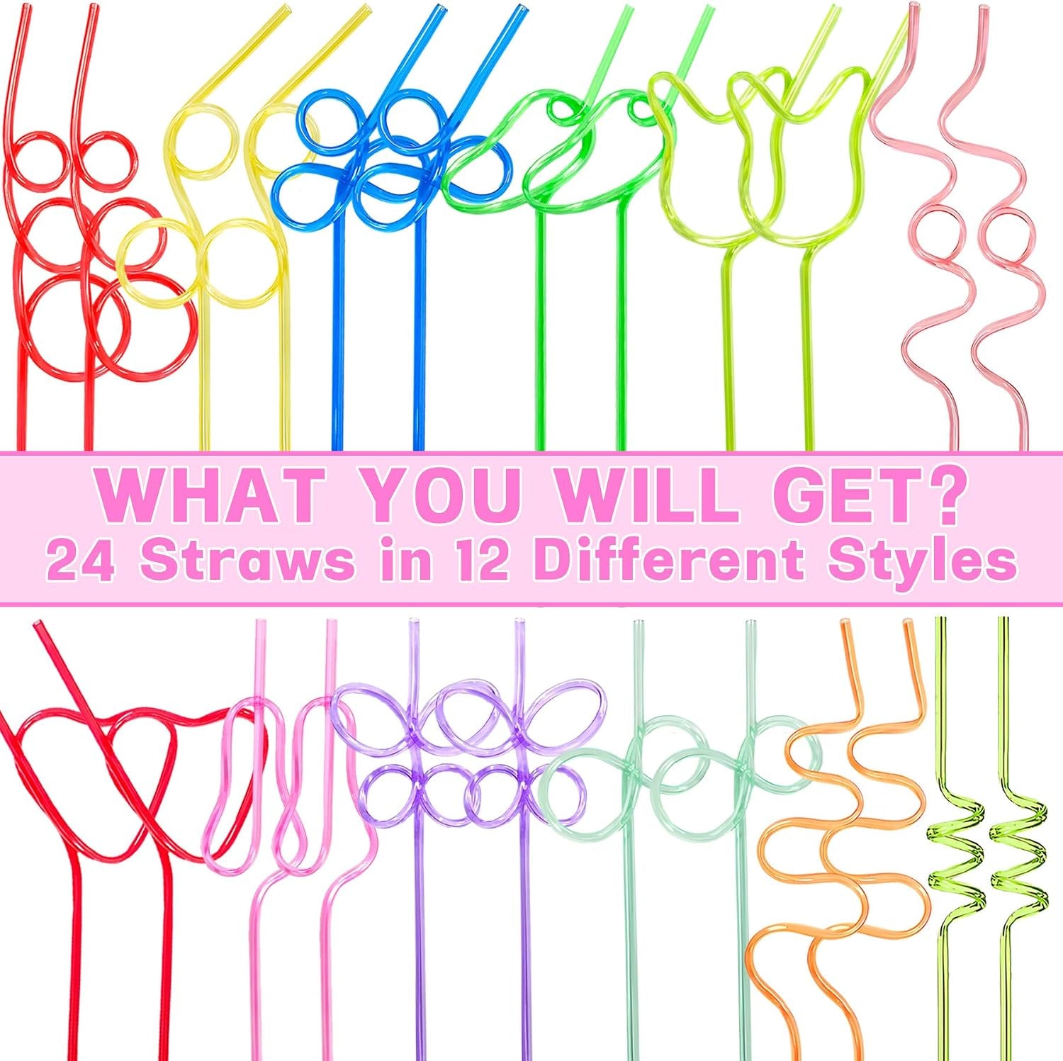 Summer-Beach-Pool-Party-Favors-Supplies-Straw-Fun-Silly-Crazy-Straws-For-Kids-24Pcs Reusable Cute Twisty Curly Drinking Straw Bulk for Wedding, Holiday Birthday Bachelorette Party Decorations