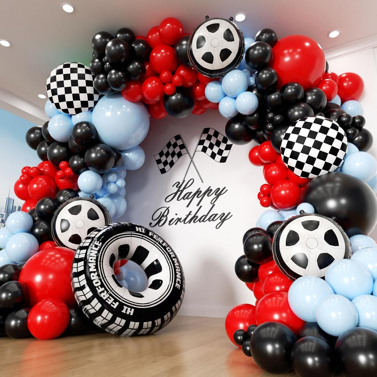 Race Car Balloon Arch Garland Kit - 154-Piece Set with Tire Flags and Checkered Balloons for Racing-Themed Birthday and Anniversary Celebrations