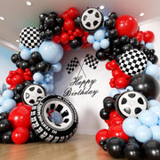 Race Car Balloon Arch Garland Kit - 154-Piece Set with Tire Flags and Checkered Balloons for Racing-Themed Birthday and Anniversary Celebrations
