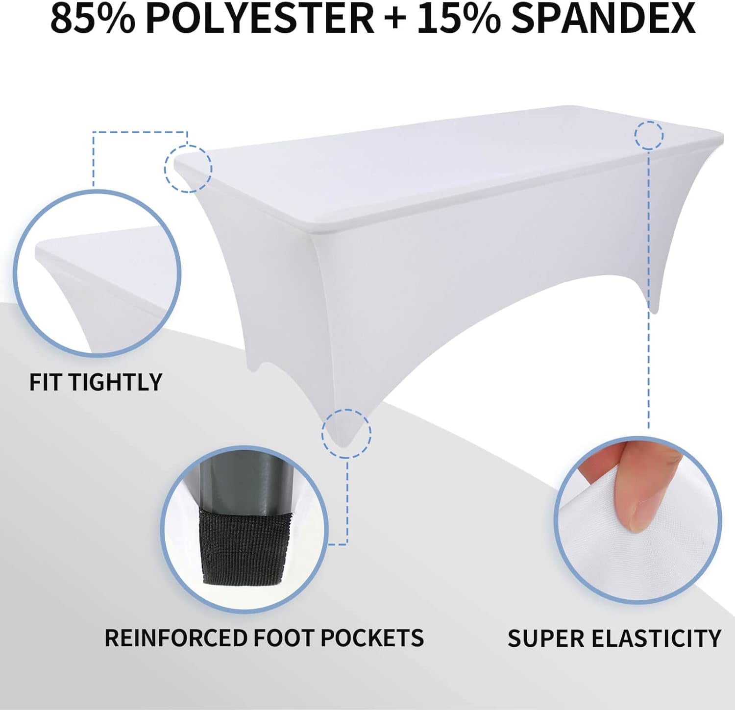 Fitted Rectangle Tablecloth White 8 Feet Table Clothes - Elastic Spandex Massage Bed Table Cover, Stretch Wrinkle Free Linens for Party, Wedding, Birthday, Banquet, Vendor