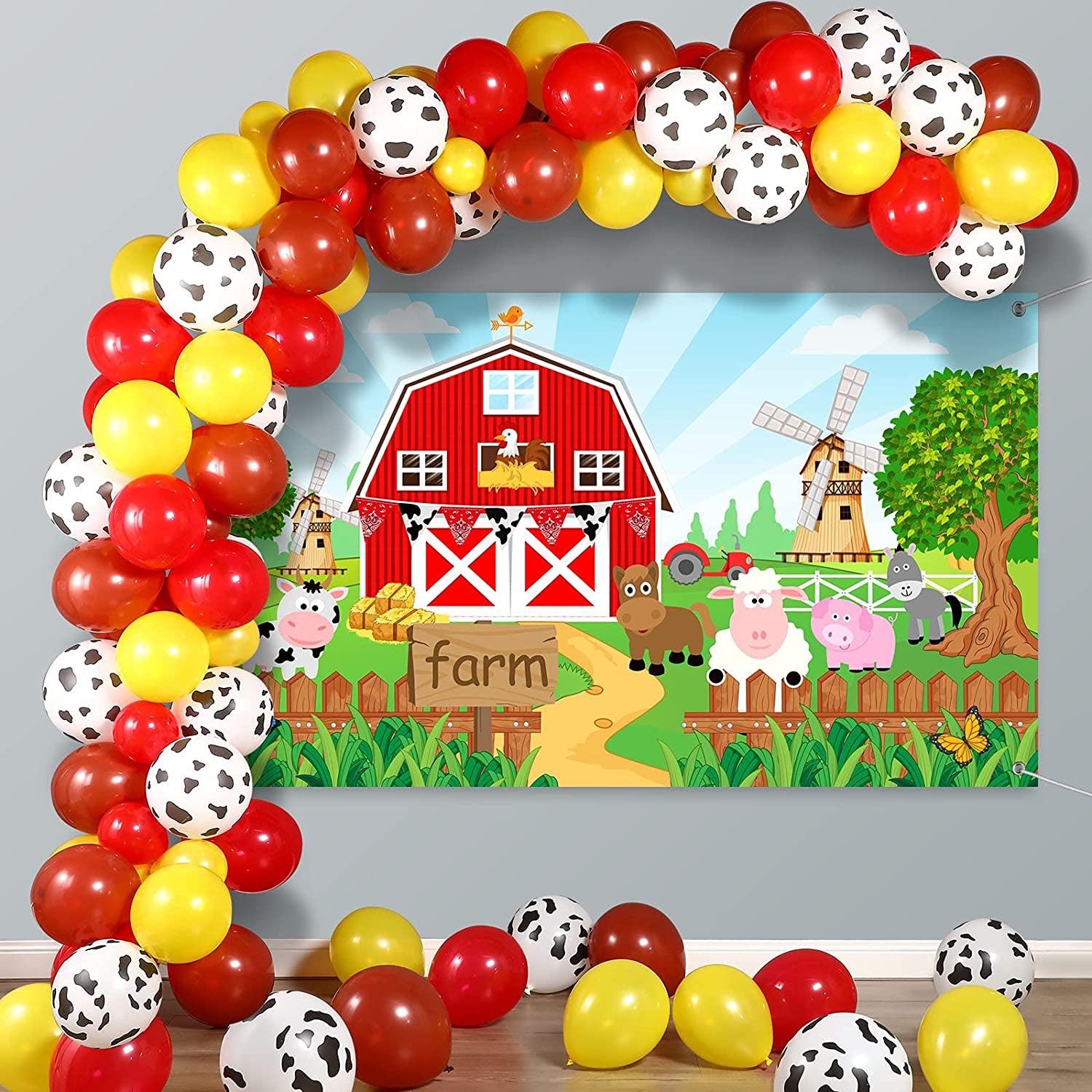 Farm Animals Theme Party Decorations Farm Barn Backdrop Banner Farmhouse Animals Decor Tablecloth Balloon Arch Garland Kit for Birthday Photography Baby Shower Party Supplies(Red)