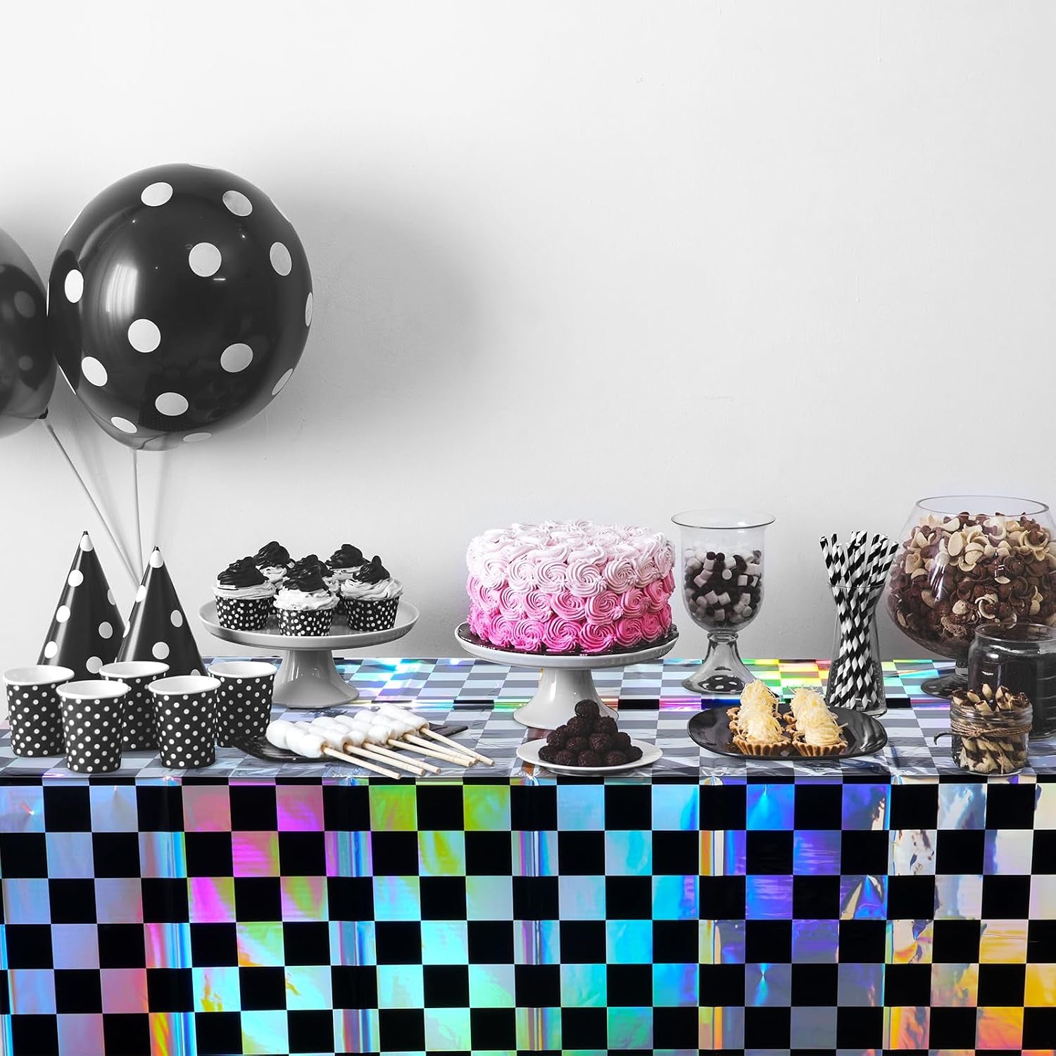 1Pack Black and Iridescent Checkered Plastic Tablecloth, Shiny Disposable Laser Rectangle Table Covers, Holographic Foil Tablecloth Iridescent Party Decorations for Picnic Camping Race Car, 54X108Inch