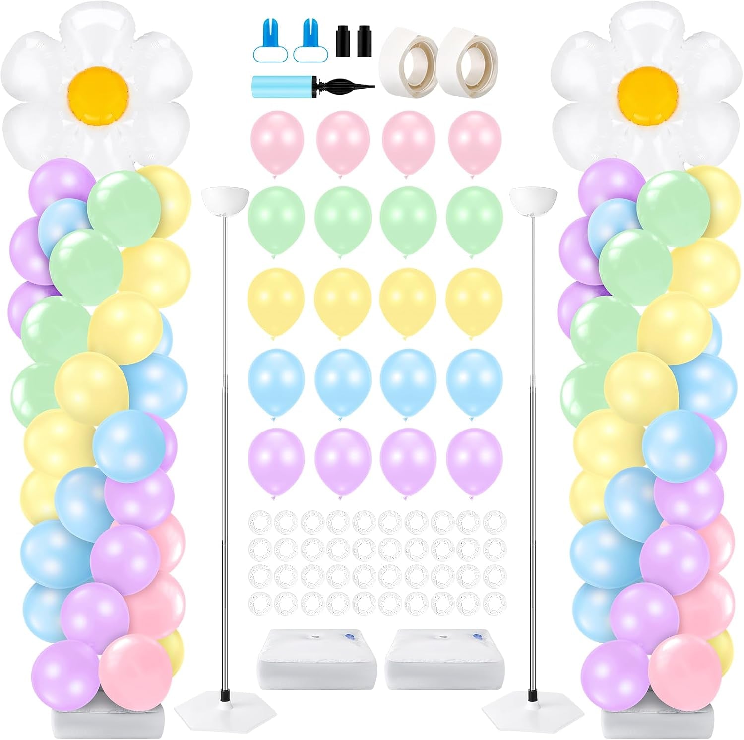 2 Sets Daisy Pastel Party Balloon Column Stand Kit, Adjustable Groovy Balloon Arch Stand Kit for Macaron Boho Summer Daisy Floral Theme Easter Party Decoration