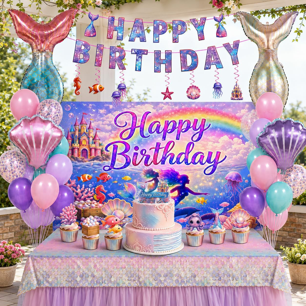 Mermaid Birthday Party Decorations Set, Sea Party Supplies with Happy Birthday Banner, Mermaid Backdrop,Tablecloth, Foil & Latex Balloons,Cake Toppers Hanging Swirls for Girls Birthday Party