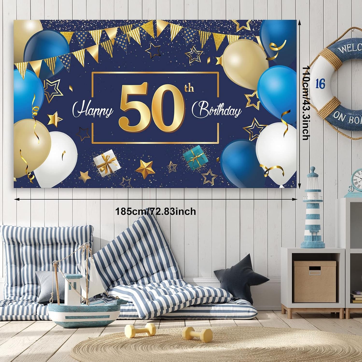 Navy Blue 50Th Happy Birthday Party Decorations Blue and Gold 50 Birthday Photography Backdrop Banner Confetti Balloons Arch Kit for Men Women 50Th Party Decorations Supplies