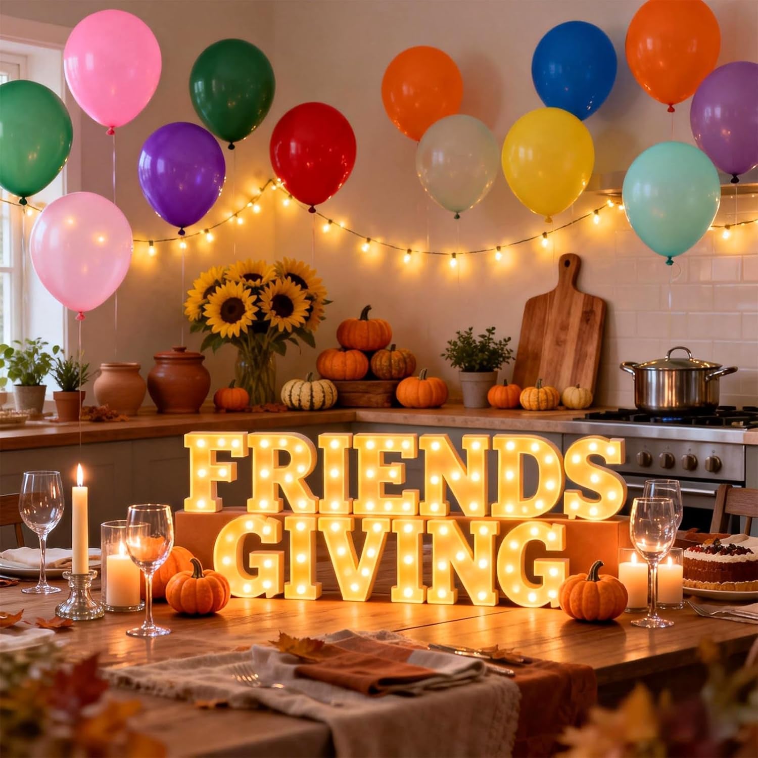 Friends Giving Party Decorations, Light up Letters Sign with 40 round Pearlescent Balloons, Led Marquee Lights Table Decoration for Friends Themed Party Birthday Galentines Decor Thanksgiving