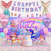 Mermaid Birthday Party Decorations Set, Sea Party Supplies with Happy Birthday Banner, Mermaid Backdrop,Tablecloth, Foil & Latex Balloons,Cake Toppers Hanging Swirls for Girls Birthday Party