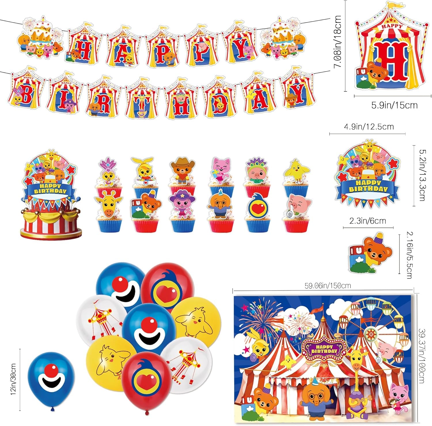 Circus Theme Birthday Party Decorations, Cartoon Carnival Animal Party Supplies with Happy Birthday Banner, Backdrop, Balloons, Cake & Cupcake Toppers for Carnival Themed Kids Birthday Party Decor
