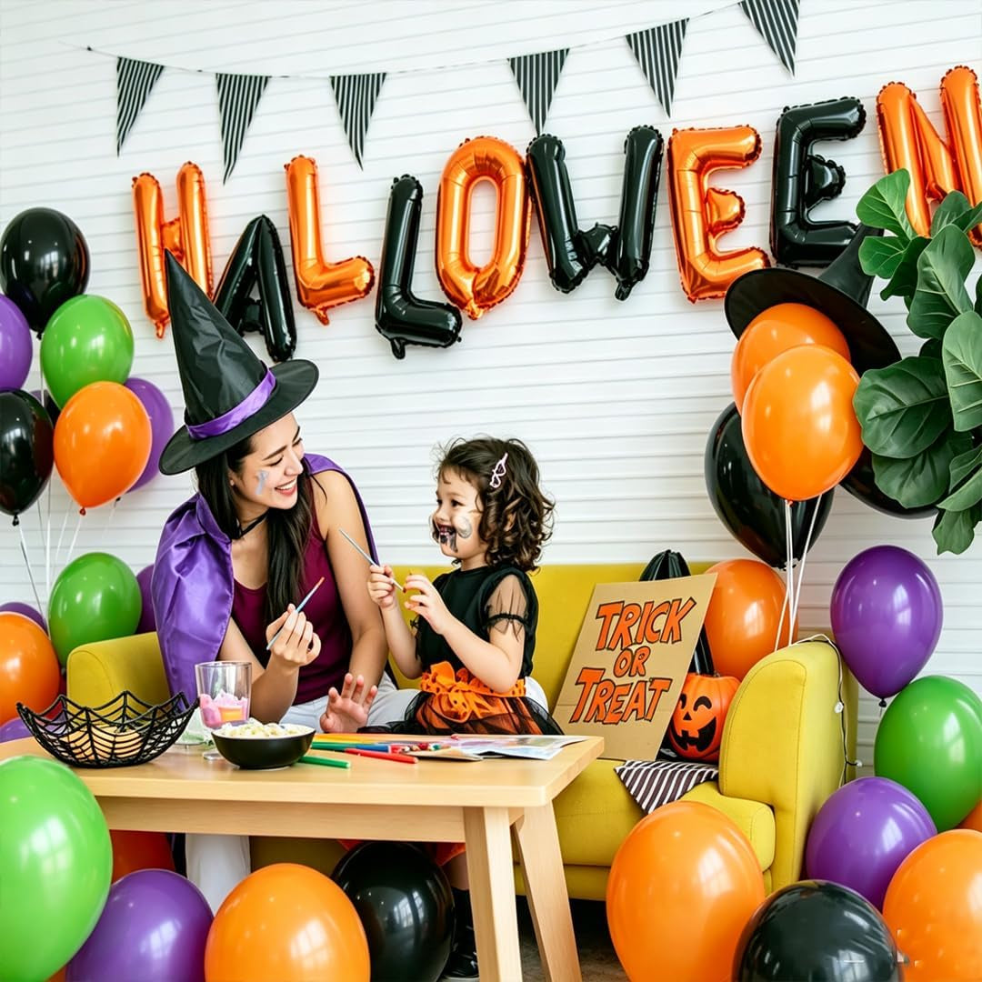 Halloween Party Balloons, 50Pcs 12Inch Green Purple Orange Black Balloons
