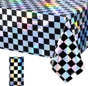 1Pack Black and Iridescent Checkered Plastic Tablecloth, Shiny Disposable Laser Rectangle Table Covers, Holographic Foil Tablecloth Iridescent Party Decorations for Picnic Camping Race Car, 54X108Inch