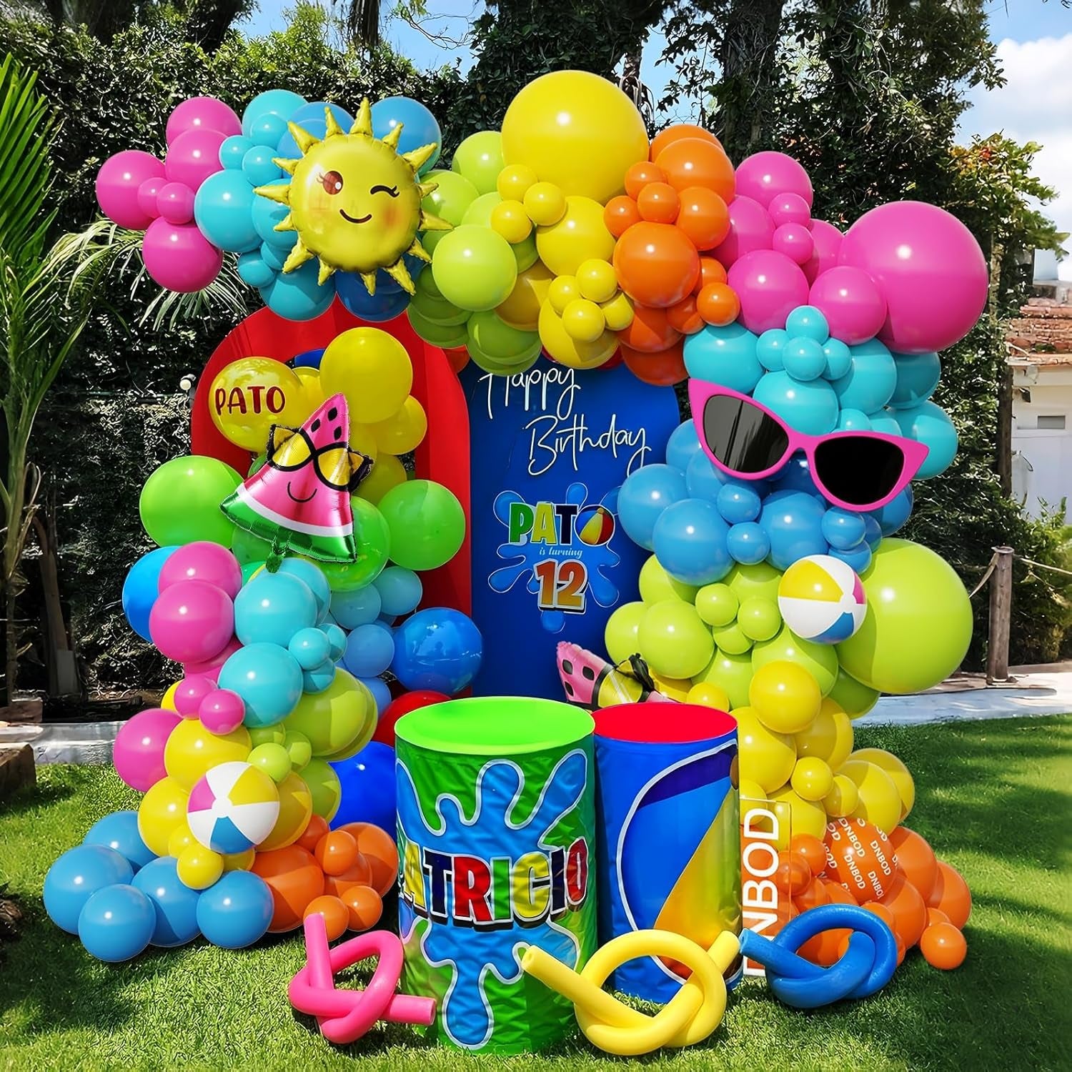 134Pcs Tropical Summer Beach Pool Party Balloon Garland Arch Kit,With Inflatable Beach Balls,Watermelon,Sun Foil Balloons for Hawaiian Luau Birthday Graduation Party Decorations - Hot Pink Yellow Blue
