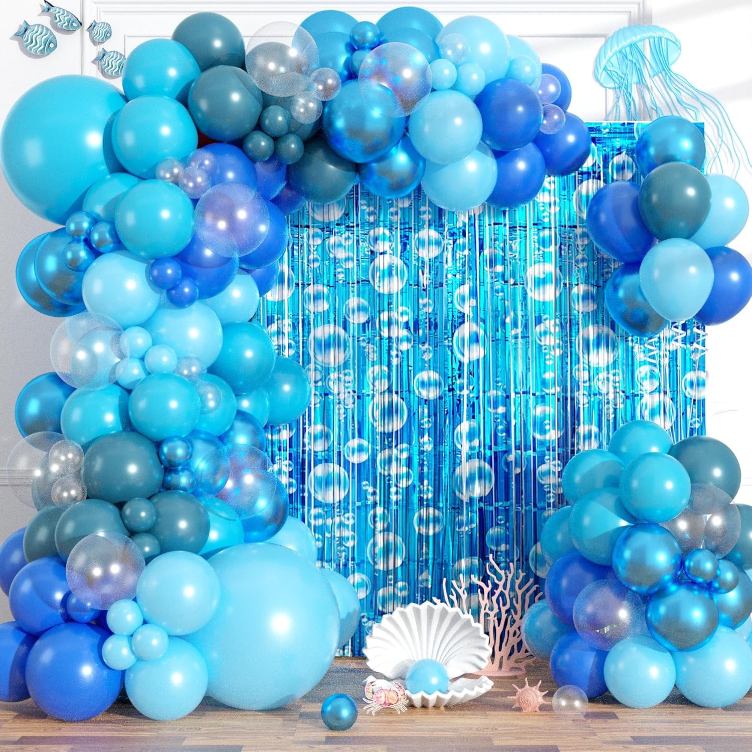 Under the Sea Party Decorations Ocean Balloon Garland Arch Kit, 135 PCS Blue Bubble Foil Fringe Curtains Backdrop Tinsel Streamer Photo Booth Props Mermaid Beach Themed Birthday Party Decor Supplies
