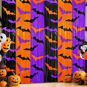 Halloween Party Decorations, 2 Pack Halloween Foil Fringe Curtains 3.3 X 6.6 Ft, Orange Purple Black Bat Pattern Halloween Party Backdrop Photo Booth Props Streamers Halloween Birthday Party Supplies