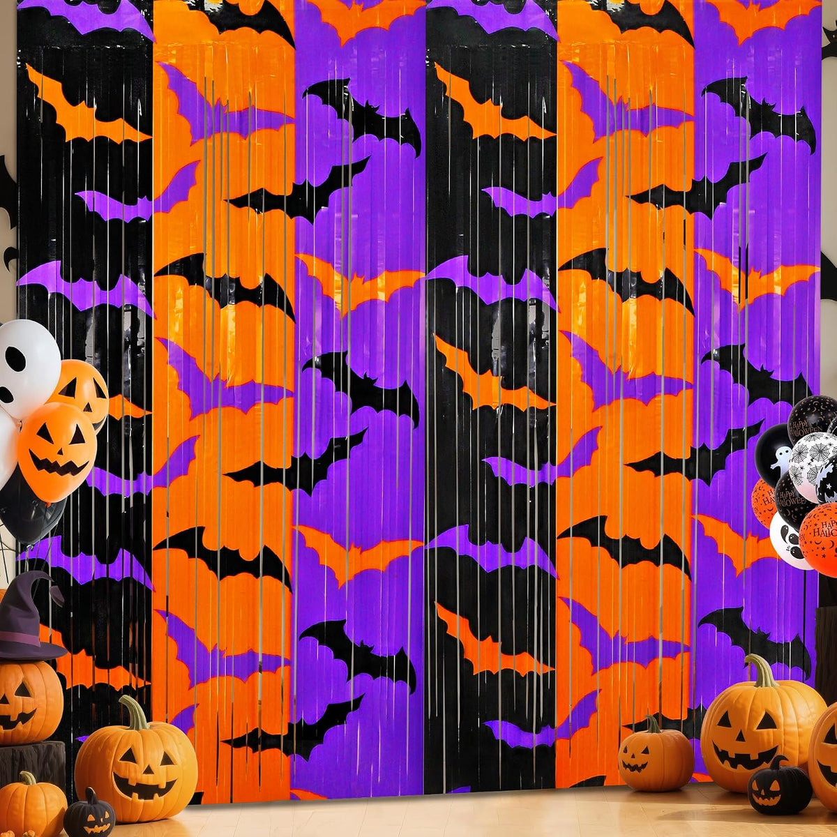 Halloween Party Decorations, 2 Pack Halloween Foil Fringe Curtains 3.3 X 6.6 Ft, Orange Purple Black Bat Pattern Halloween Party Backdrop Photo Booth Props Streamers Halloween Birthday Party Supplies