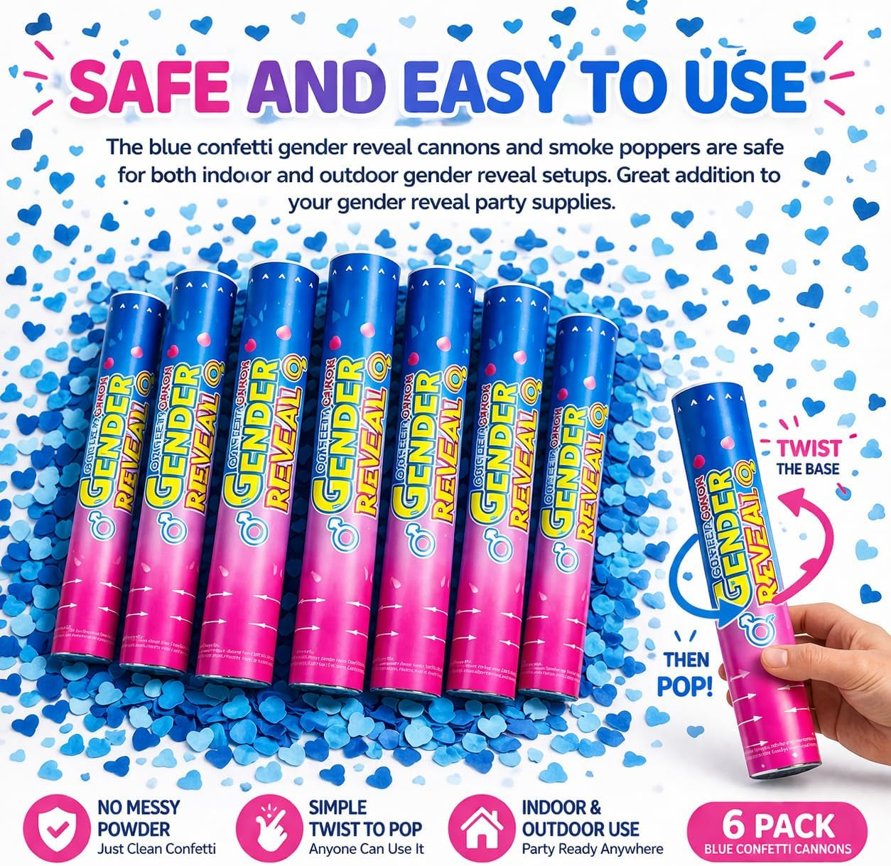 Gender Reveal Confetti Cannons Party Poppers – Gender Reveal Cannon Kit with Heart-Shaped Confetti – Easy Twist Shooters for Baby Reveal Party Decorations (Blue Confetti Cannoons)