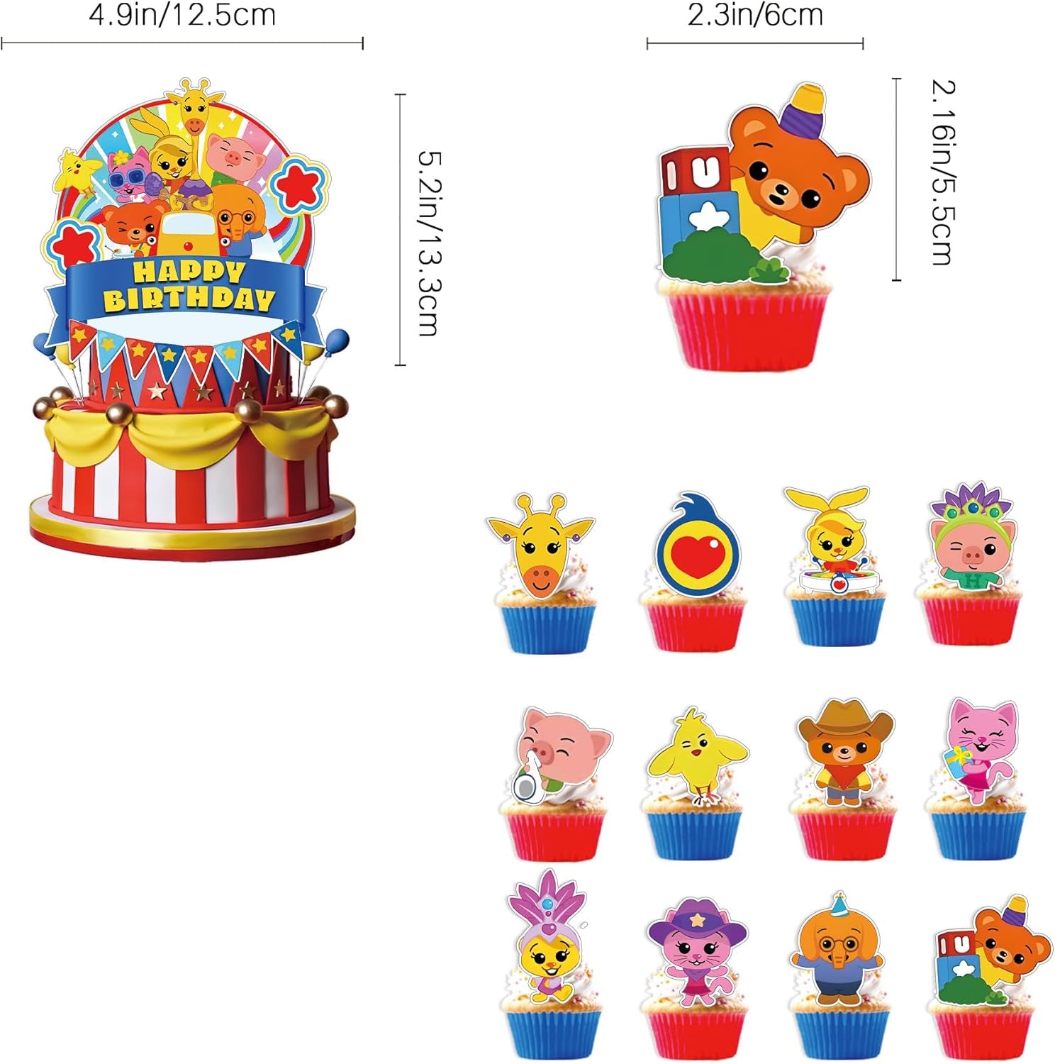 Circus Theme Birthday Party Decorations, Cartoon Carnival Animal Party Supplies with Happy Birthday Banner, Backdrop, Balloons, Cake & Cupcake Toppers for Carnival Themed Kids Birthday Party Decor