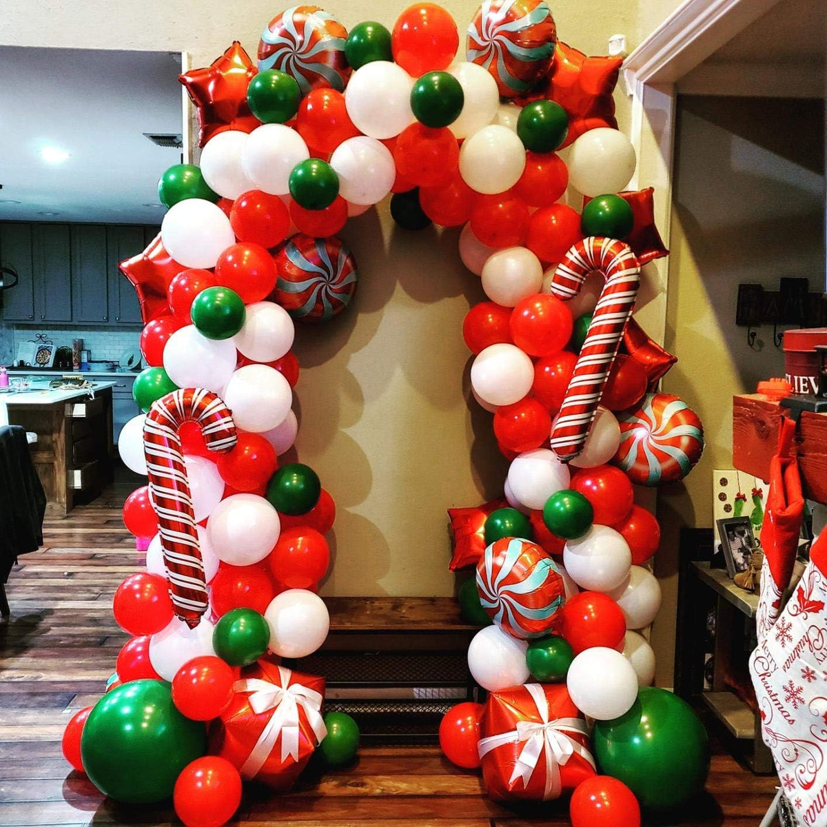 Christmas Balloon Garland Arch Kit - Includes Red and White Candy Balloons, Gift Box Balloons, and Red Star Balloons for Holiday Party Decorations