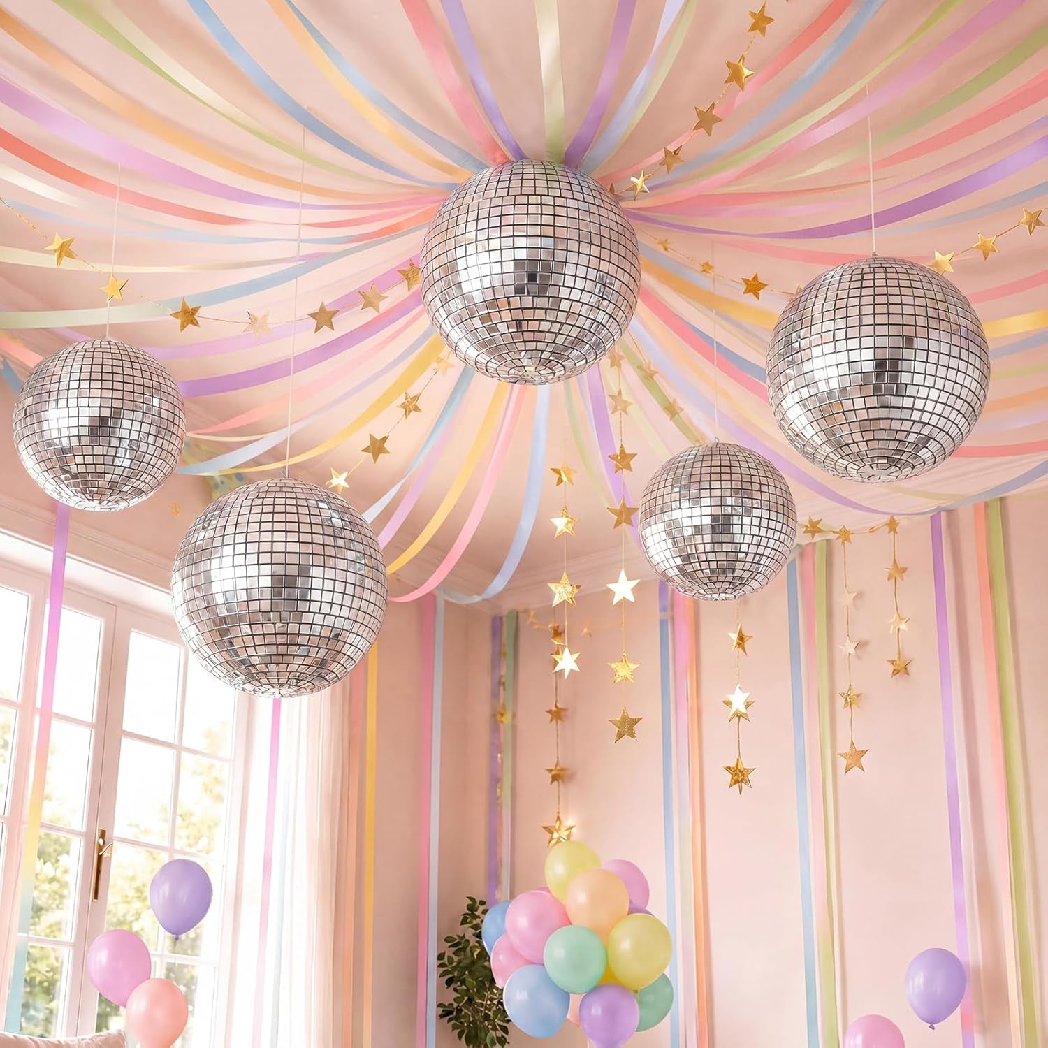 14 Pcs Pastel Birthday Party Decoration Kit 492Ft Colorful Crepe Paper Streamers Garland 5 Silver Disco Ball Balloons 26.24Ft Gold Star Garland Backdrop 1 Tape for Classroom Fancy Party Decor