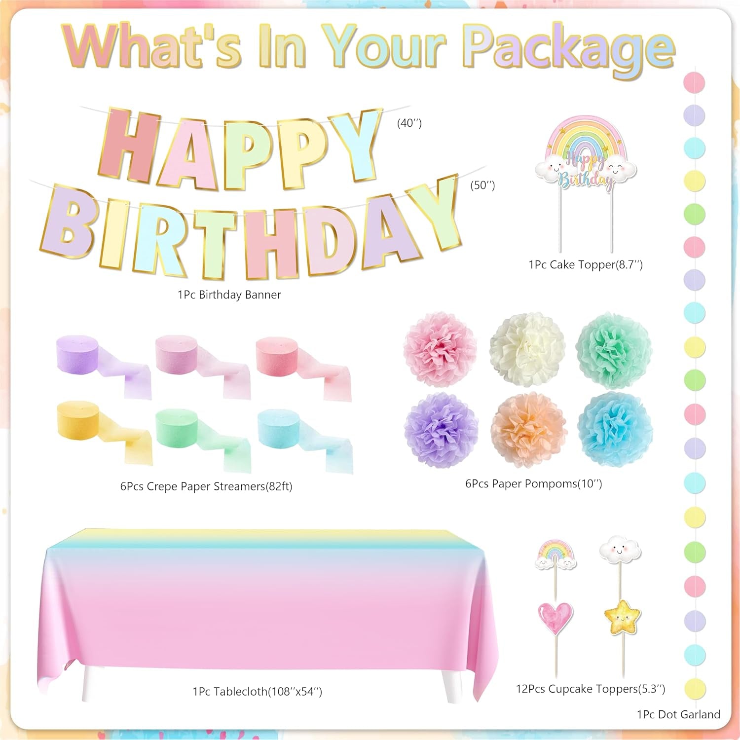 Pastel Rainbow Birthday Decorations 182Pcs Rainbow Party Supplies, Include Pastel Balloon Arch Kit with Rainbow Foil Balloons Streamer Backdrop Tablecloth Banner Garland Cake Toppers Paper Pompoms