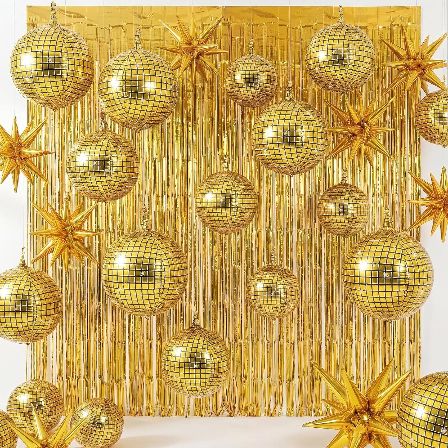 24 Pcs Gold Disco Party Decoration Sets 22'' 4D Ball Star Balloons Bright Metallic Tinsel Foil Fringe Curtains for Graduation Western Cowgirl Bride to Be Bachelorette