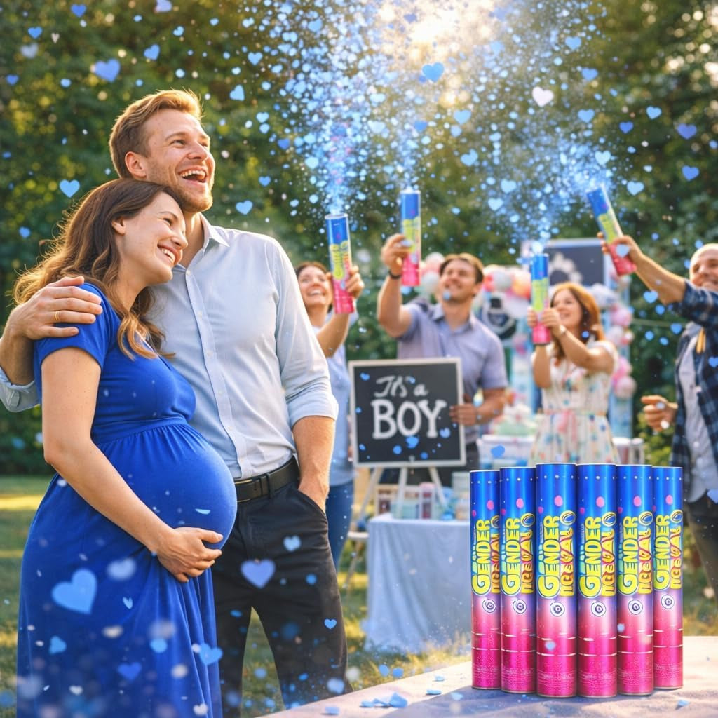Gender Reveal Confetti Cannons Party Poppers – Gender Reveal Cannon Kit with Heart-Shaped Confetti – Easy Twist Shooters for Baby Reveal Party Decorations (Blue Confetti Cannoons)