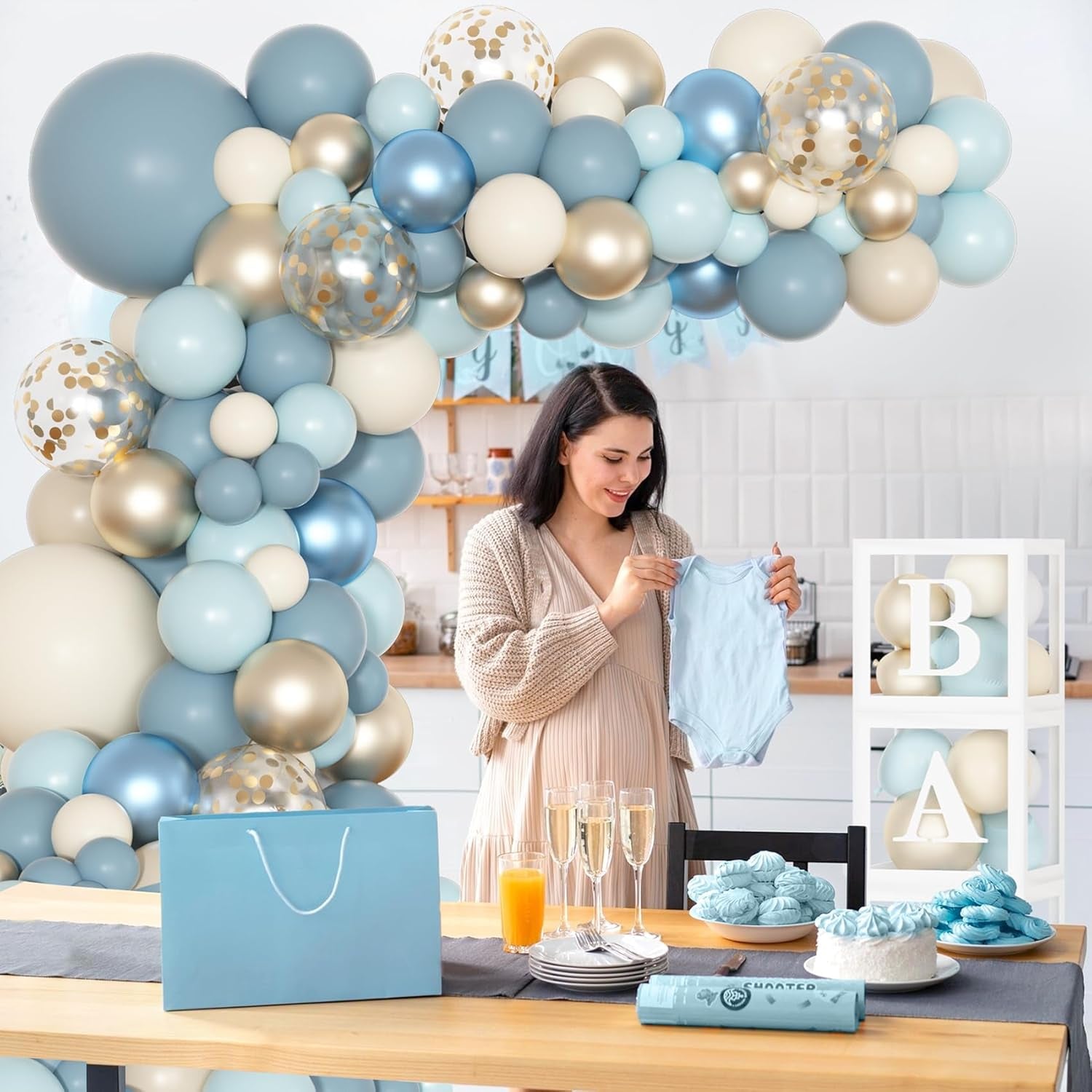 153Pcs Dusty Blue Balloon Baby Shower Decorations for Boy, Blue Balloon Arch Kit Baby Boxes with Letter (A-Z+Baby) for Boho Baby Shower Boy Birthday Gender Reveal Party Supplies