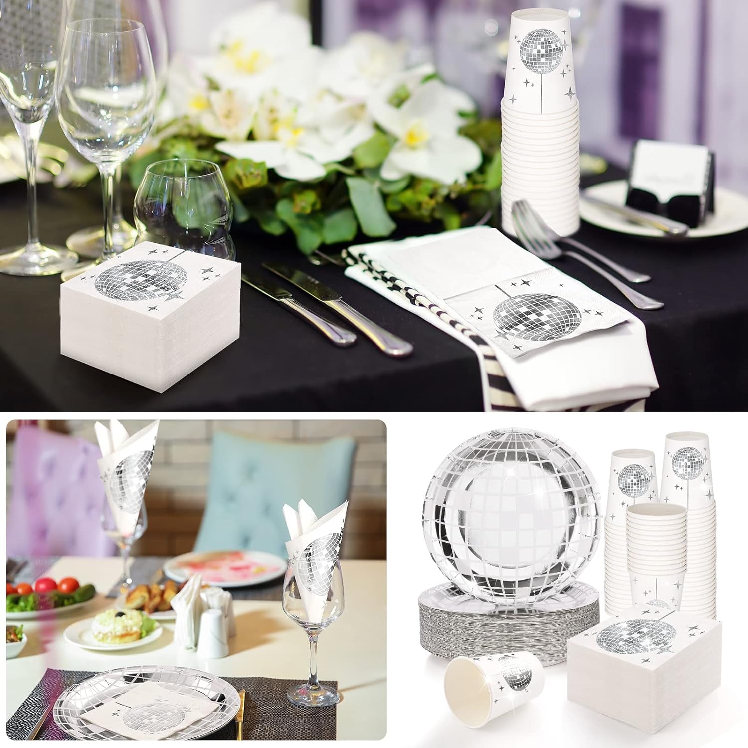 150 Pcs Disco Party Plates Cups and Napkins Silver Disco Ball Theme Party Decorations 70S Hip Hop Disposable Dessert Tableware Set Serves for 50 Guests Birthday Baby Shower Supplies