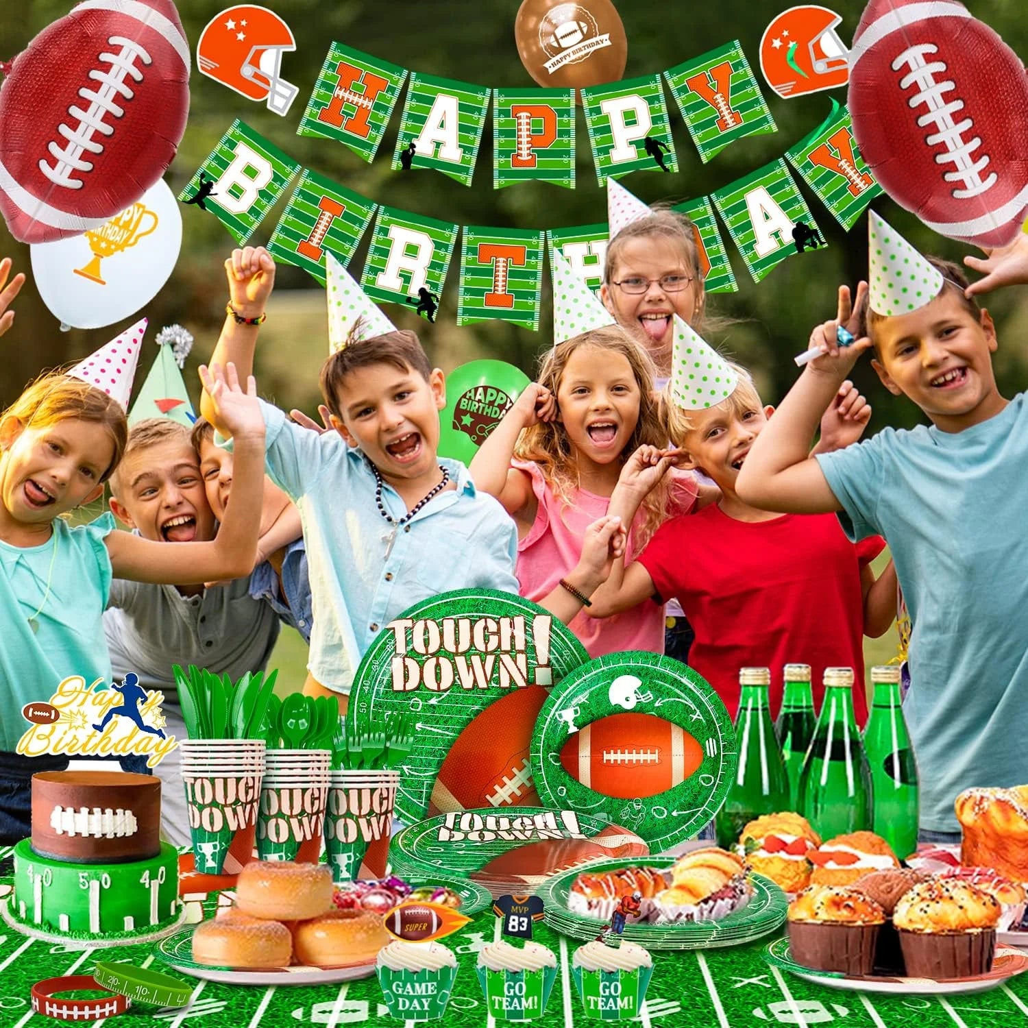 Football Party Supplies-164Pcs Football Birthday Party Decorations&Tableware Set Include Football Paper Plates and Napkins Cups Tablecloth Banner Balloons, Football Theme Party Supplies for Game Day