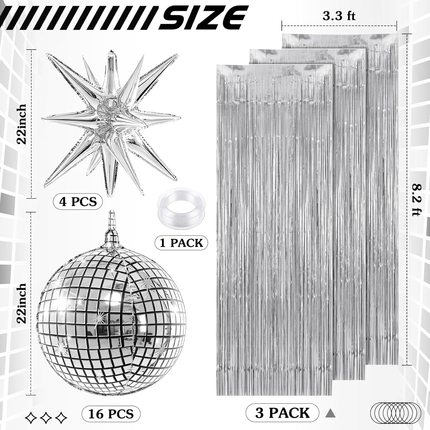 24 Pcs Silver Disco Party Decoration Sets 22'' 4D Disco Ball Star Balloons Shiny Metallic Tinsel Foil Fringe Curtains for Graduation Western Cowgirl Bride to Be Bachelorette Birthday