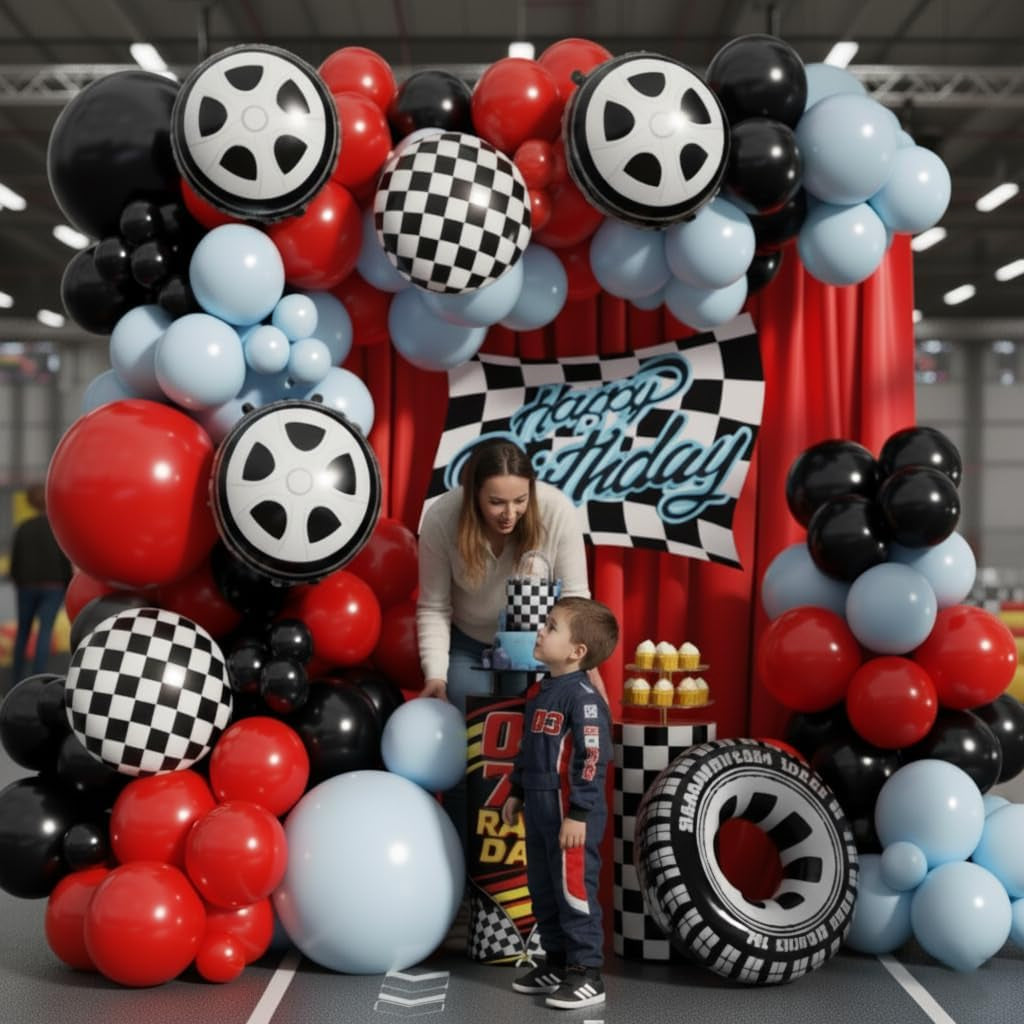 Race Car Balloon Arch Garland Kit - 154-Piece Set with Tire Flags and Checkered Balloons for Racing-Themed Birthday and Anniversary Celebrations