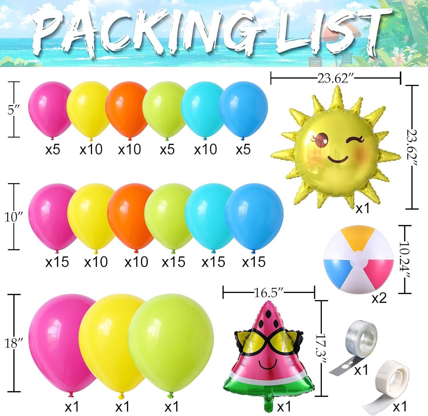 134Pcs Tropical Summer Beach Pool Party Balloon Garland Arch Kit,With Inflatable Beach Balls,Watermelon,Sun Foil Balloons for Hawaiian Luau Birthday Graduation Party Decorations - Hot Pink Yellow Blue