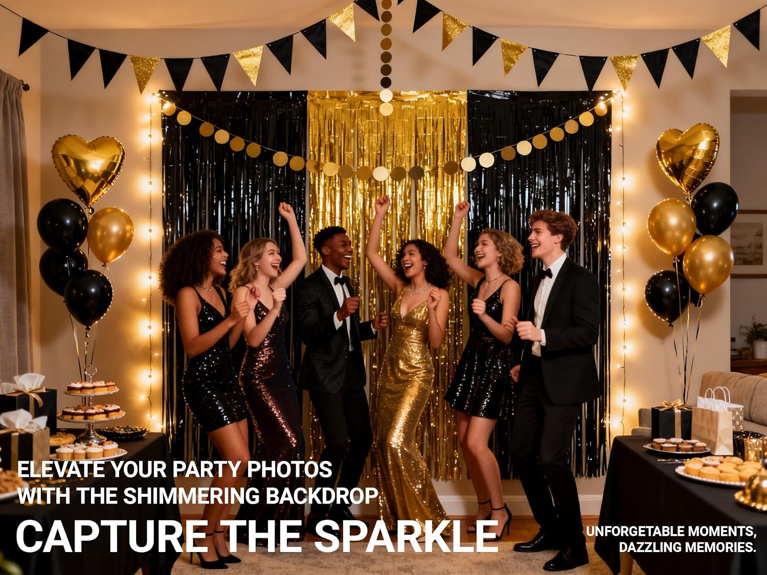3-Pack Black Gold Foil Fringe Curtain,Party Decoration Streamer | 9.9*6.5Ft Party Backdrop,Birthday Tinsel,Happy Retirement Back Drop,Graduation ,Farewell,Summer Back to School