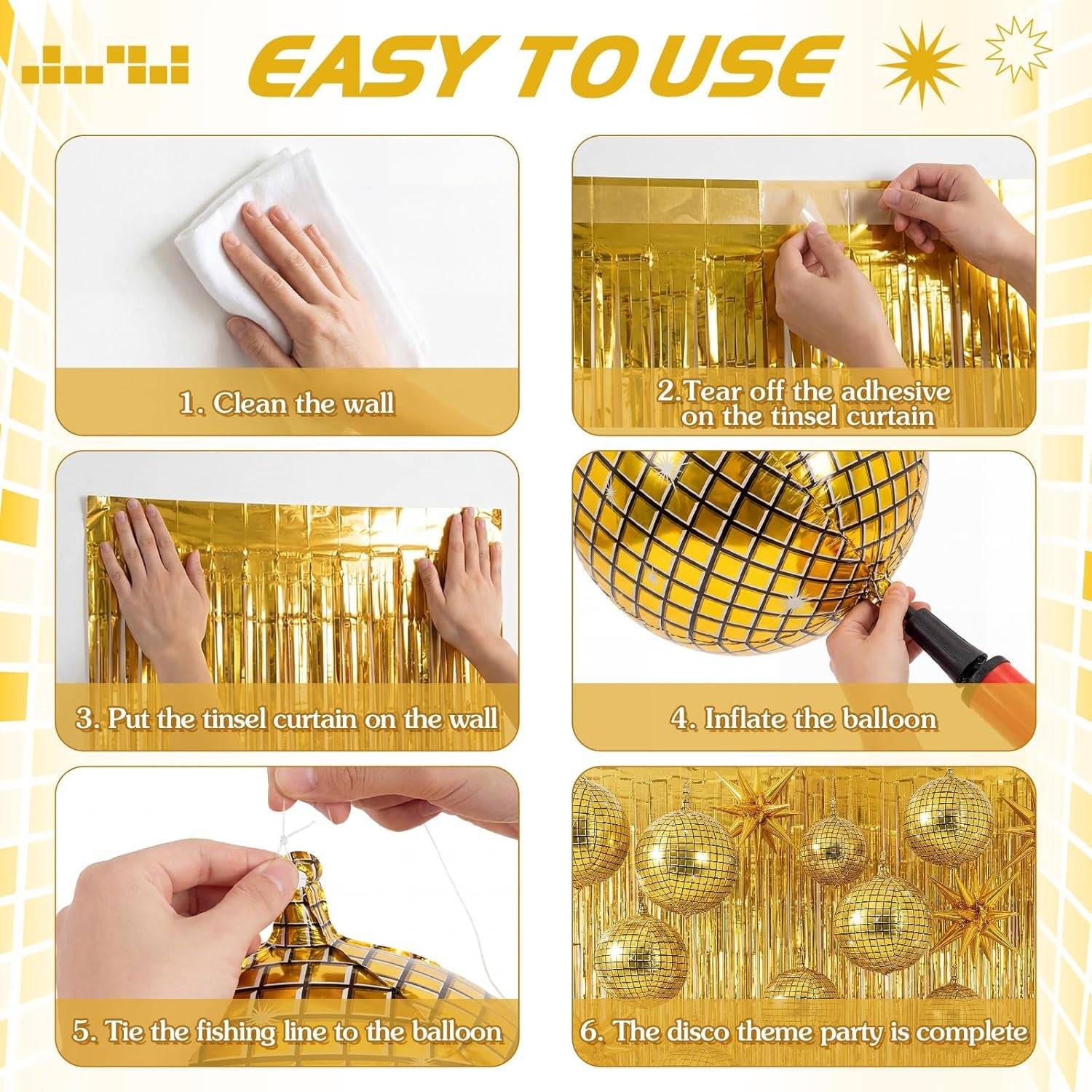 24 Pcs Gold Disco Party Decoration Sets 22'' 4D Ball Star Balloons Bright Metallic Tinsel Foil Fringe Curtains for Graduation Western Cowgirl Bride to Be Bachelorette