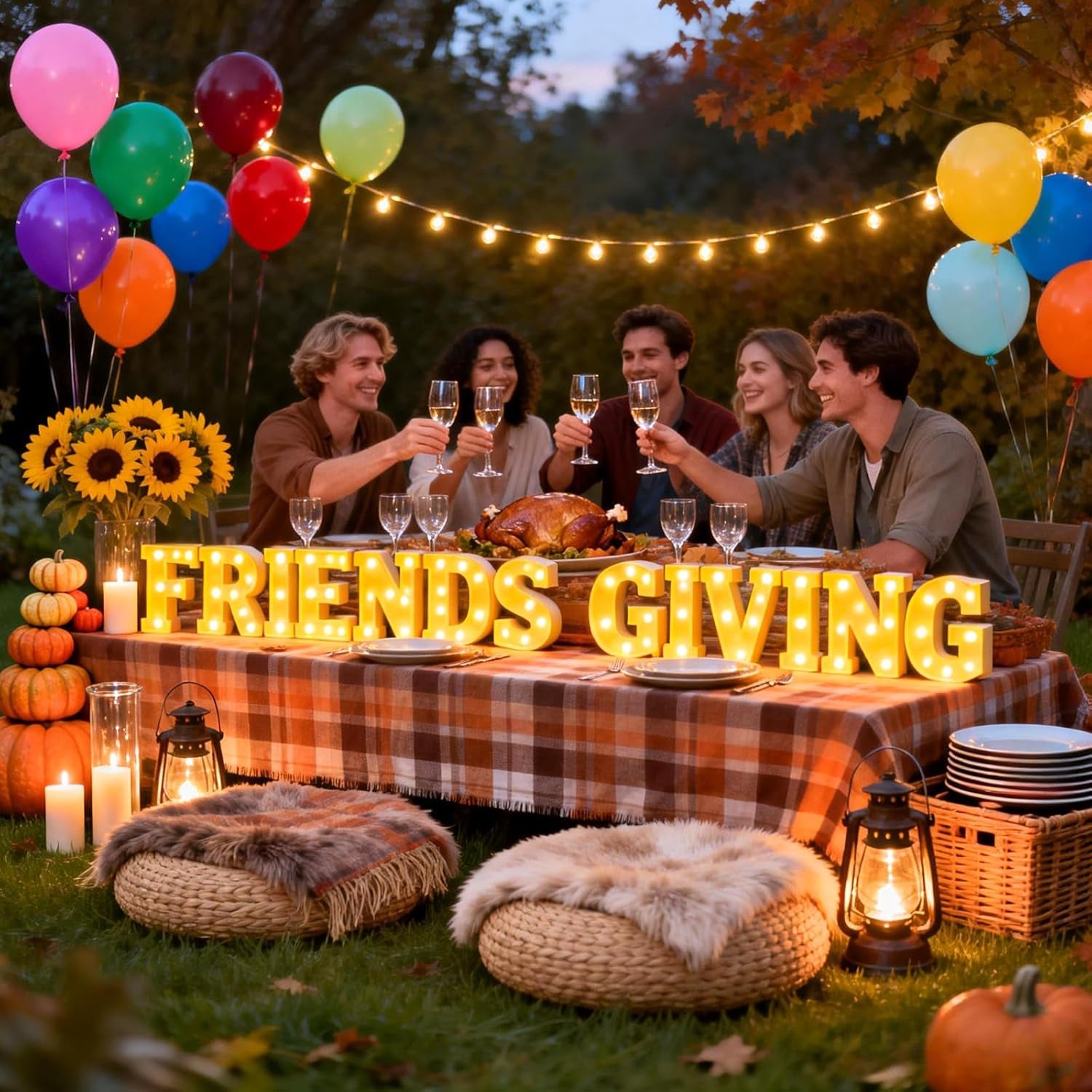 Friends Giving Party Decorations, Light up Letters Sign with 40 round Pearlescent Balloons, Led Marquee Lights Table Decoration for Friends Themed Party Birthday Galentines Decor Thanksgiving