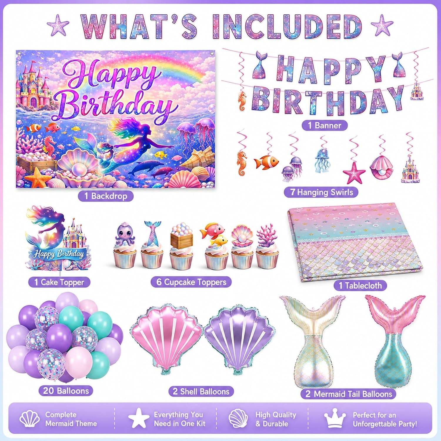 Mermaid Birthday Party Decorations Set, Sea Party Supplies with Happy Birthday Banner, Mermaid Backdrop,Tablecloth, Foil & Latex Balloons,Cake Toppers Hanging Swirls for Girls Birthday Party