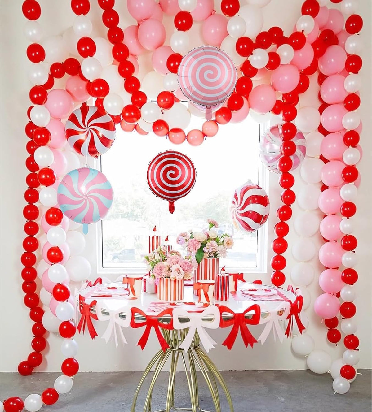 150-Piece Christmas Balloon Arch Kit - Pink, Red, White, and Silver Balloon Garland with Candy Cane and Lollipop Foil Balloons for Holiday Celebrations, Birthdays, and Baby Showers