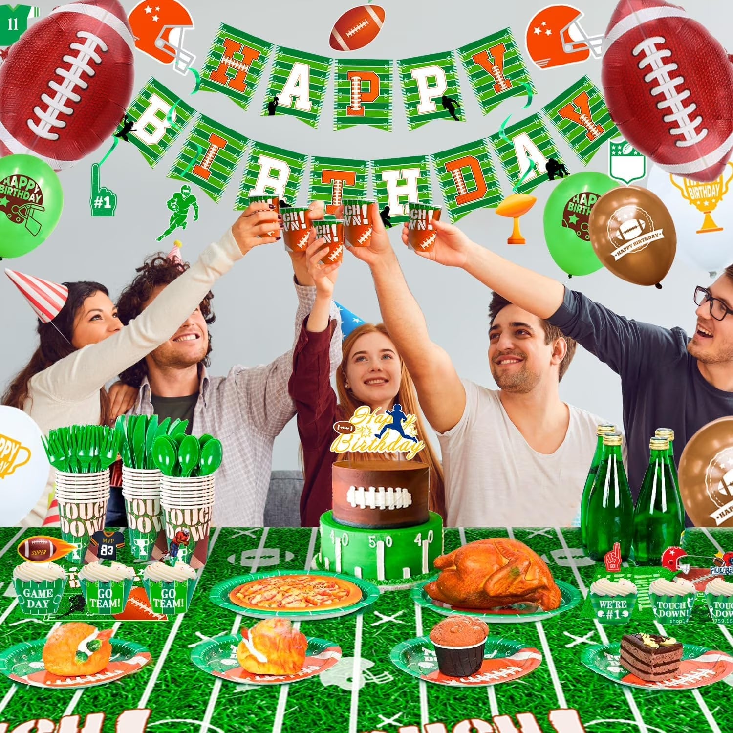 Football Party Supplies-164Pcs Football Birthday Party Decorations&Tableware Set Include Football Paper Plates and Napkins Cups Tablecloth Banner Balloons, Football Theme Party Supplies for Game Day