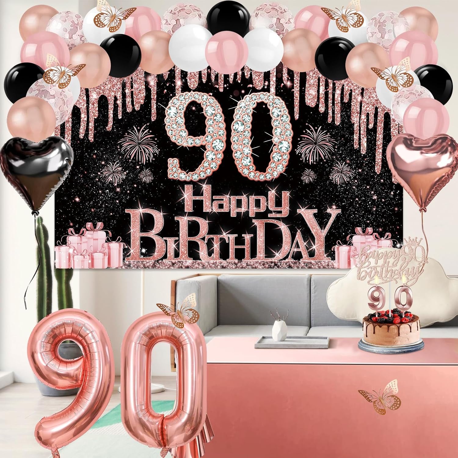 90Th Birthday Decorations for Women, 49Pcs Black Rose Gold Black Happy 90Th Birthday Banner, Tablecloth, Butterfly Decor, Sash and Tiara, Cake Topper, Candles, Balloons Arch