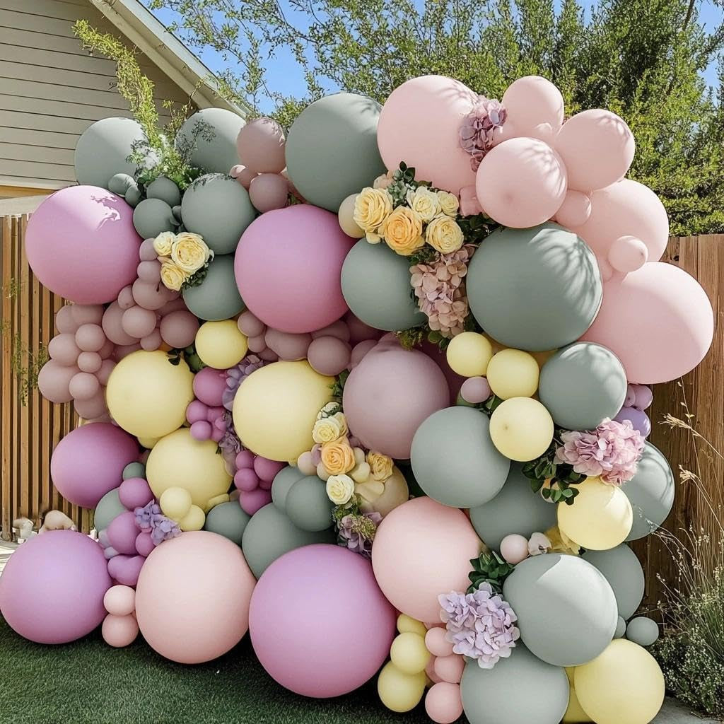Dusty Green Pink Yellow Balloon Garland Double Stuffed Pastel Pink Yellow Haze Purple Green Floral Pastel Balloons Arch Kit for Birthday Wild Flower Tea Baby Shower Garden Party Decoration